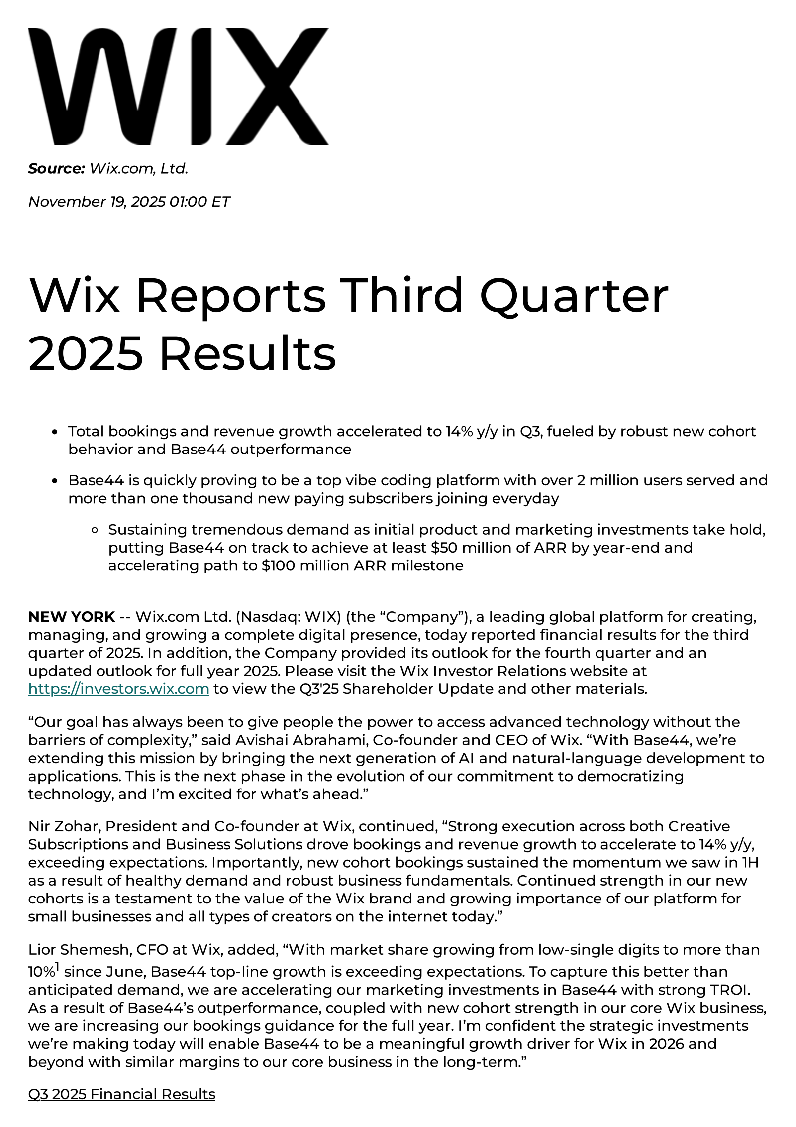 Wix.com's Q3 2025 Earnings Release