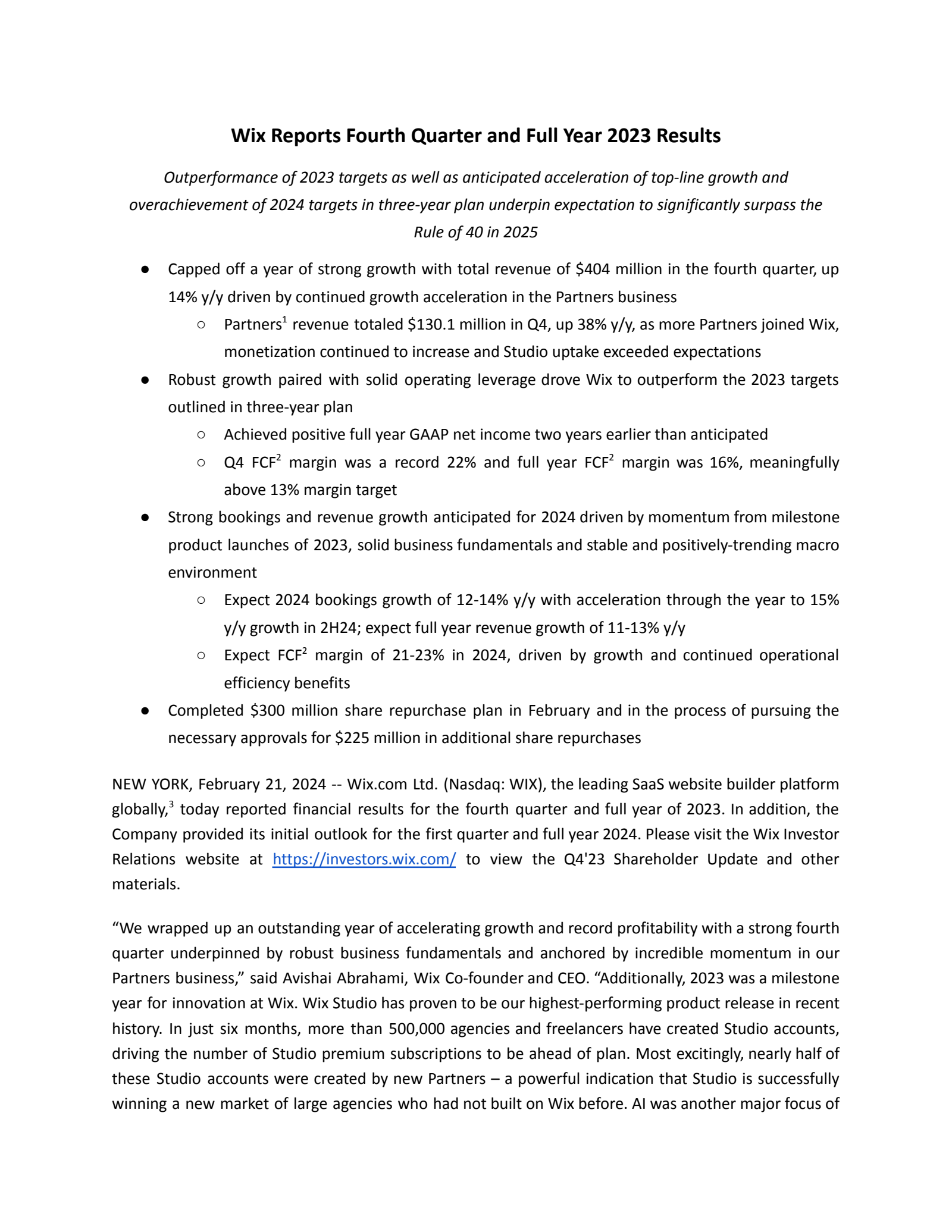 Wix.com's Q4 2023 Earnings Release