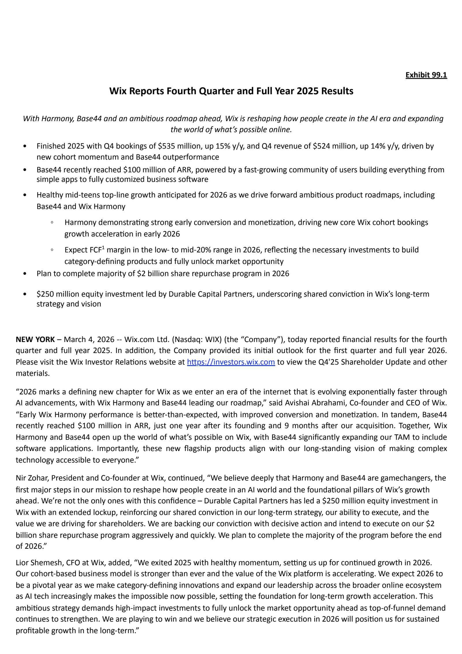 Wix.com's Q4 2025 Press Release
