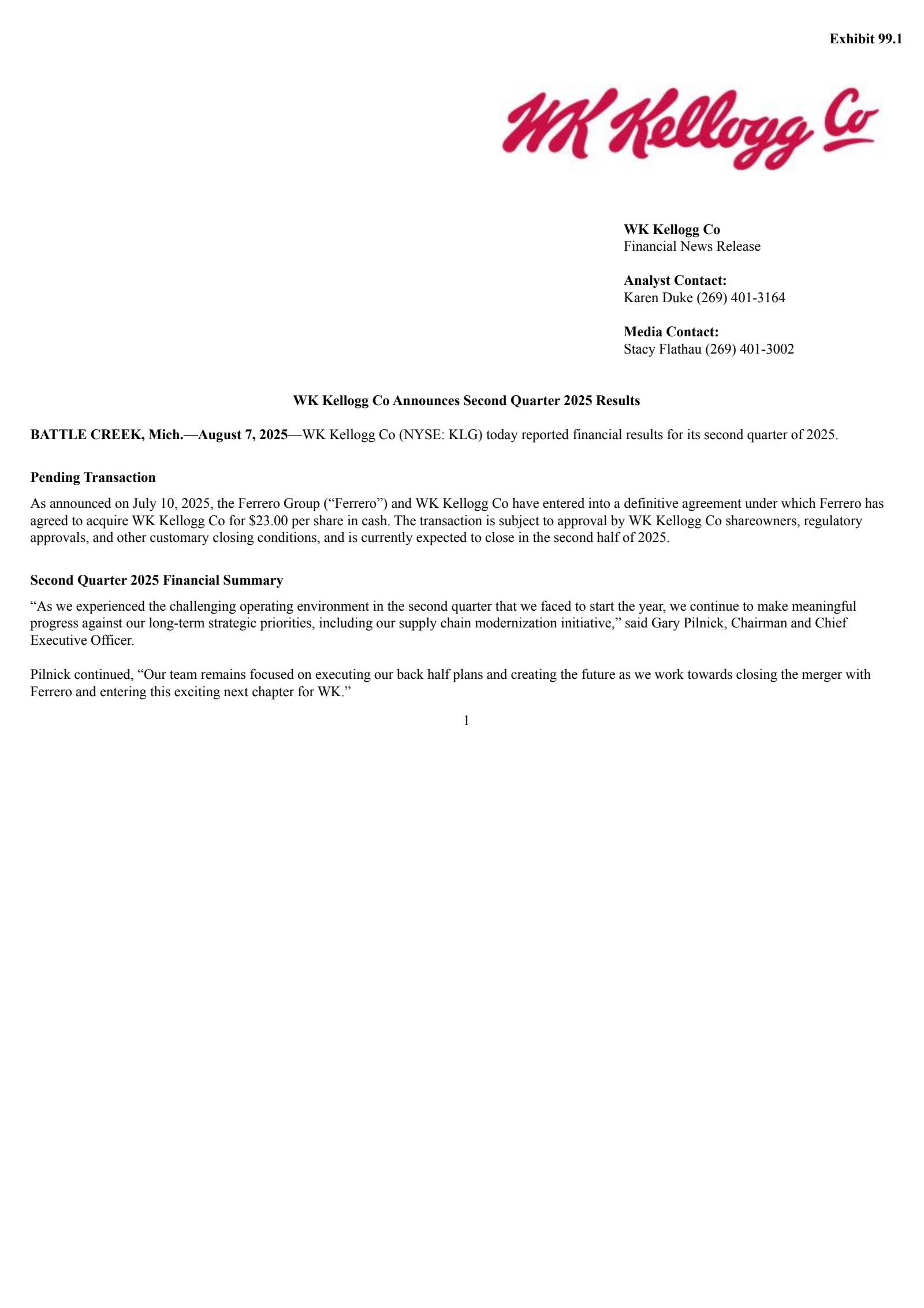WK Kellogg's Q2 2025 Press Release