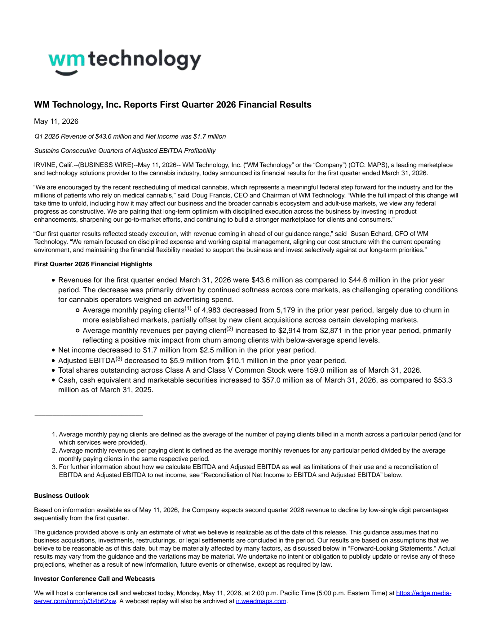 WM Technology's Q1 2026 Press Release