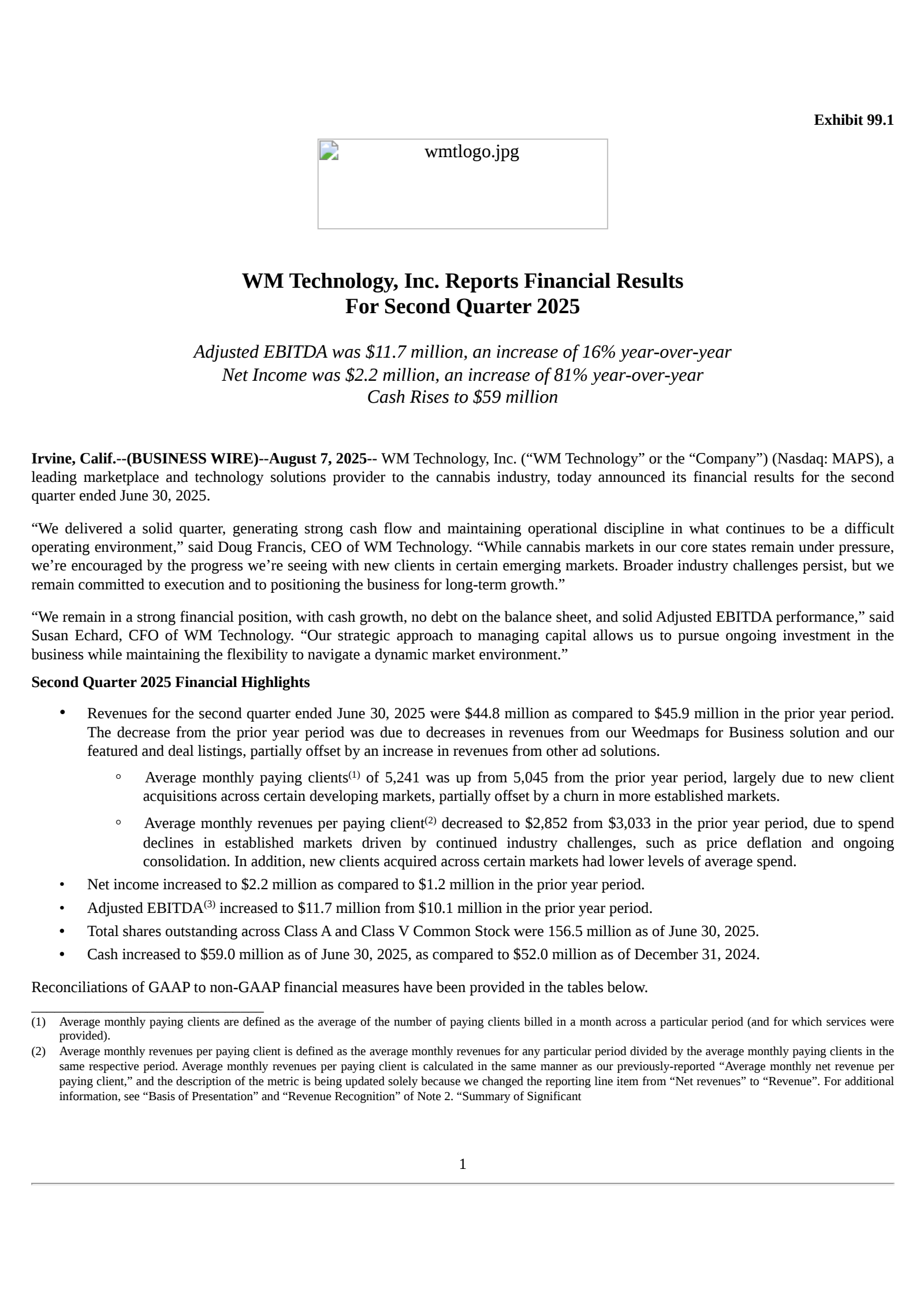 WM Technology's Q2 2025 Press Release