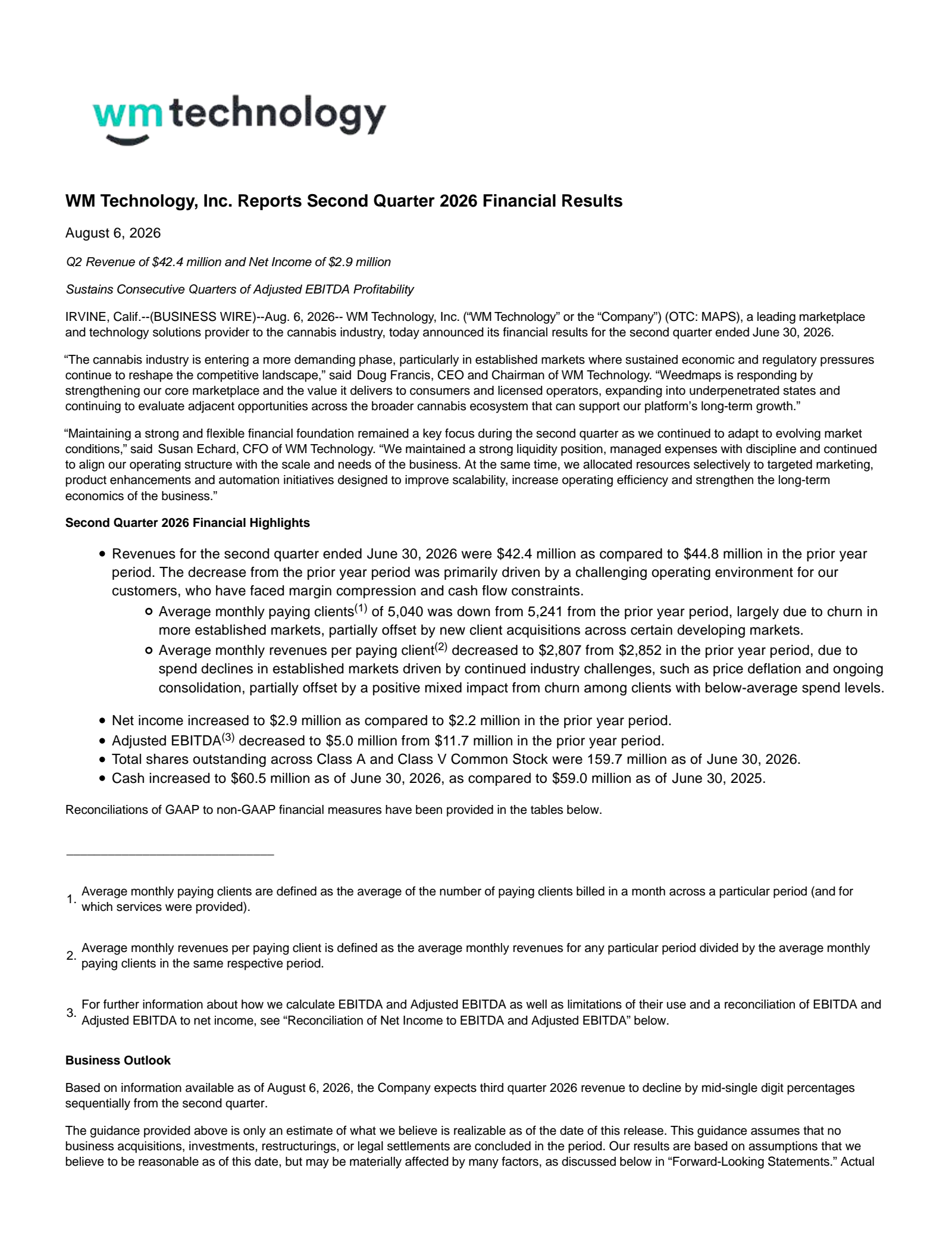WM Technology's Q2 2026 Press Release