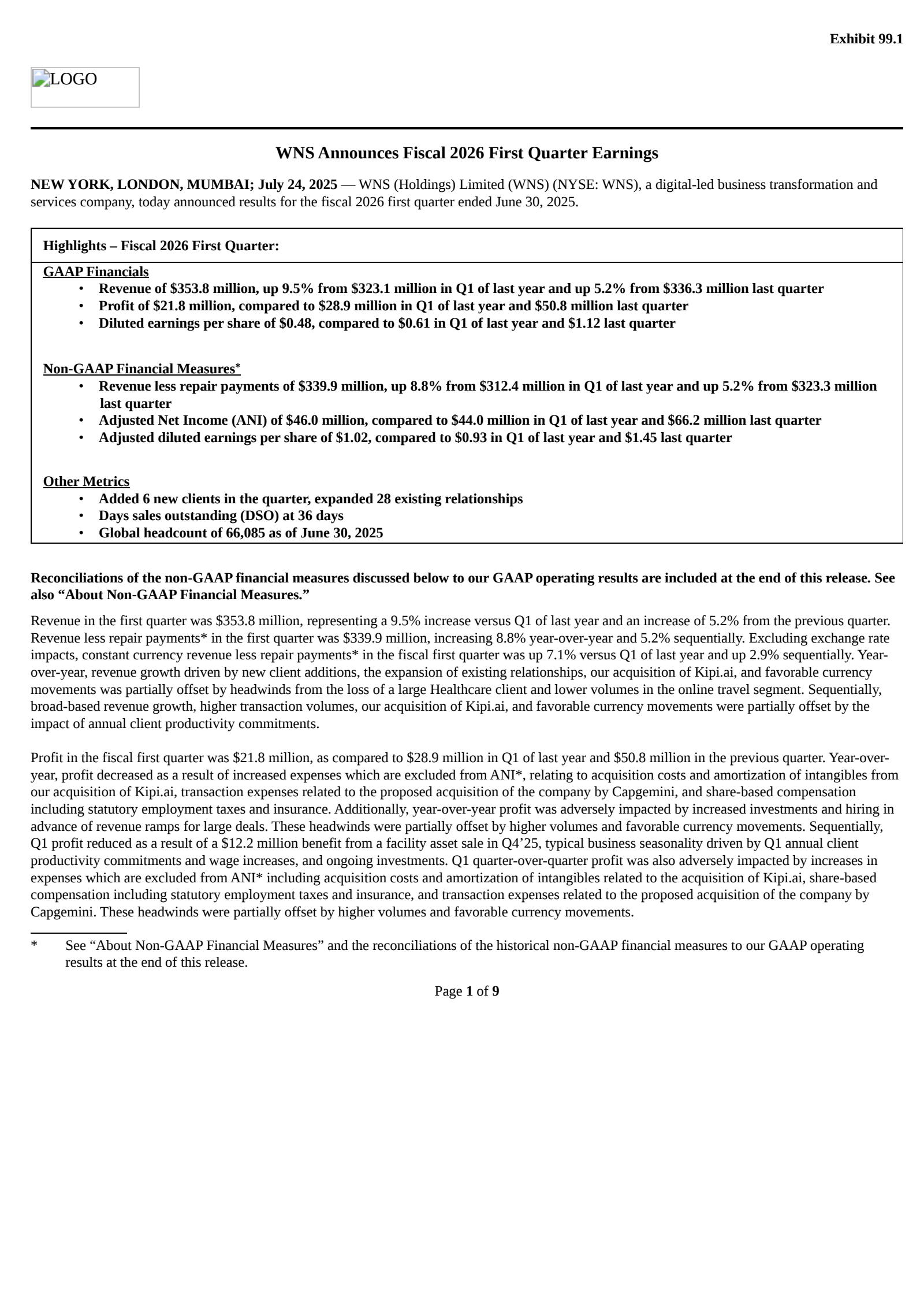 WNS's Q1 2026 Press Release