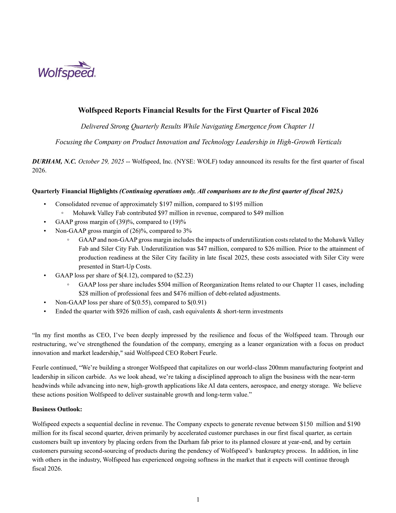 Wolfspeed's Q1 2026 Earnings Release