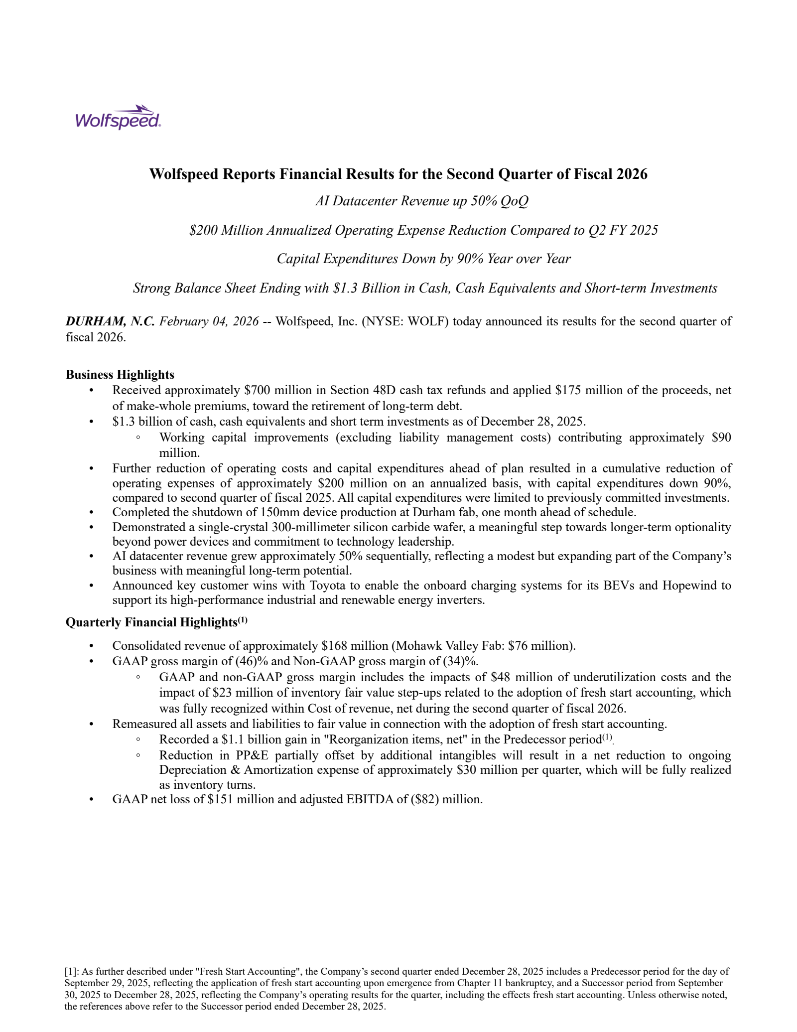 Wolfspeed's Q2 2026 Press Release