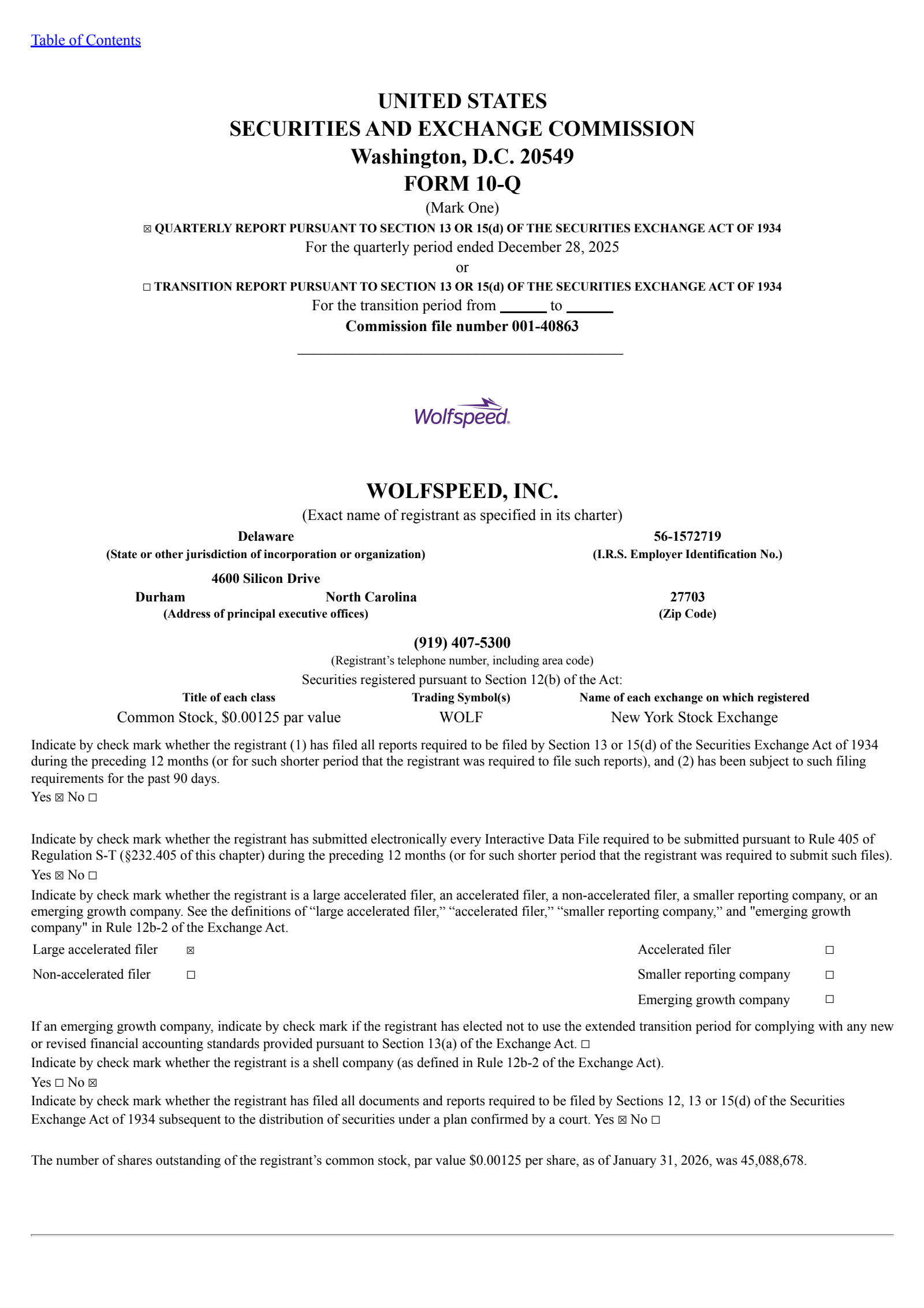 Wolfspeed's Q2 2026 Quarterly report