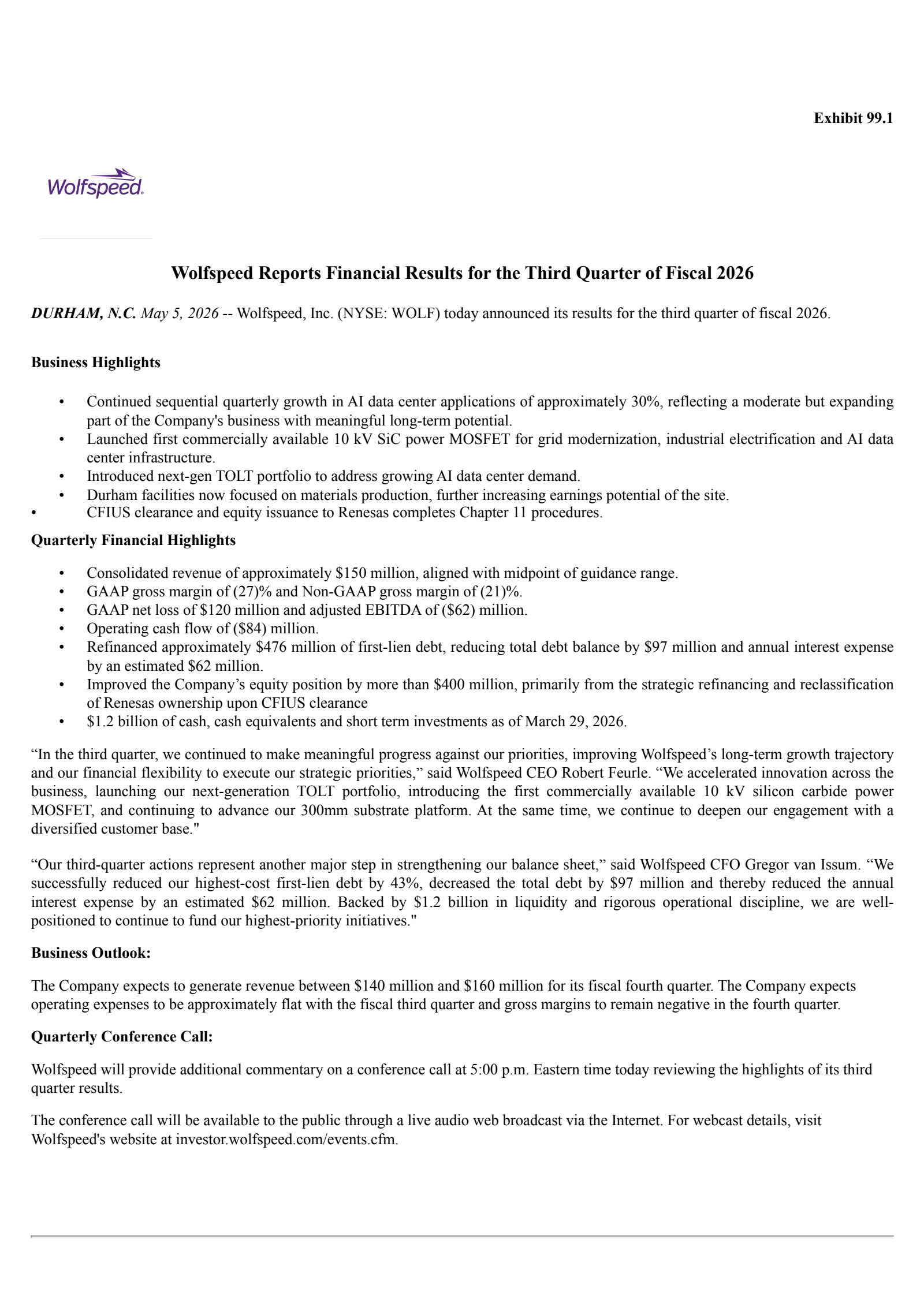 Wolfspeed's Q3 2026 Press Release