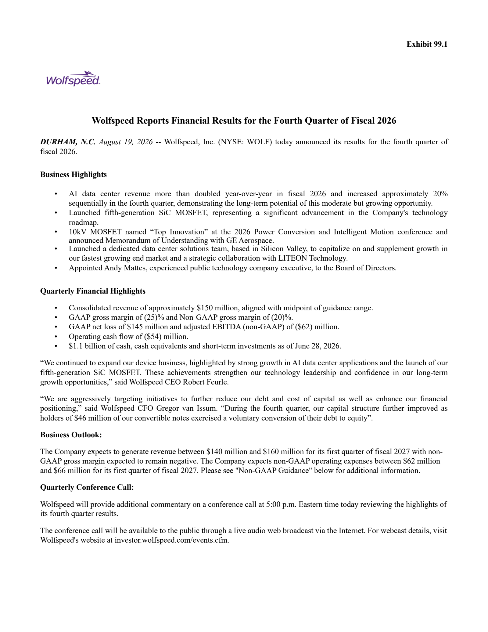 Wolfspeed's Q4 2026 Press Release