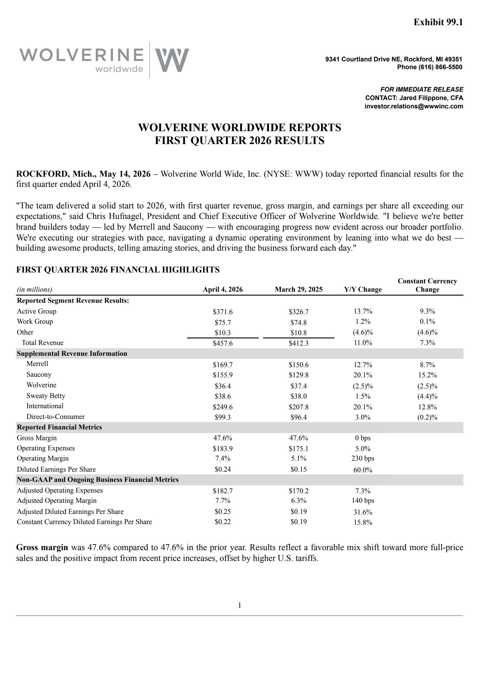 Wolverine World Wide's Q1 2026 Press Release