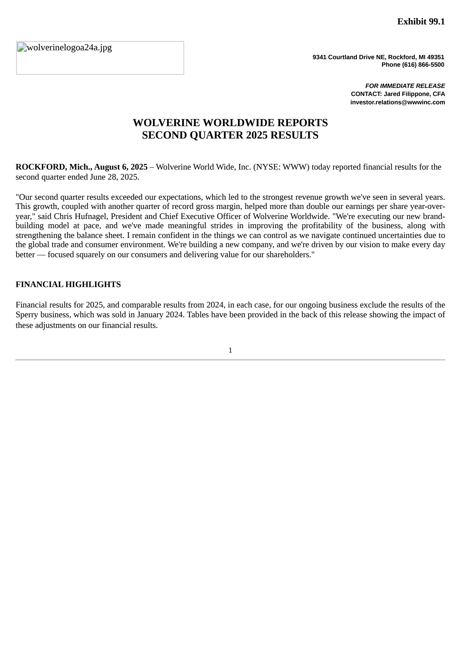 Wolverine World Wide's Q2 2025 Press Release
