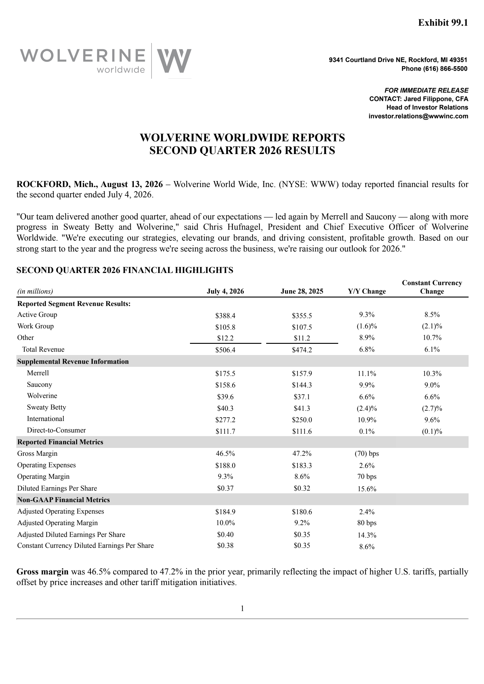 Wolverine World Wide's Q2 2026 Press Release