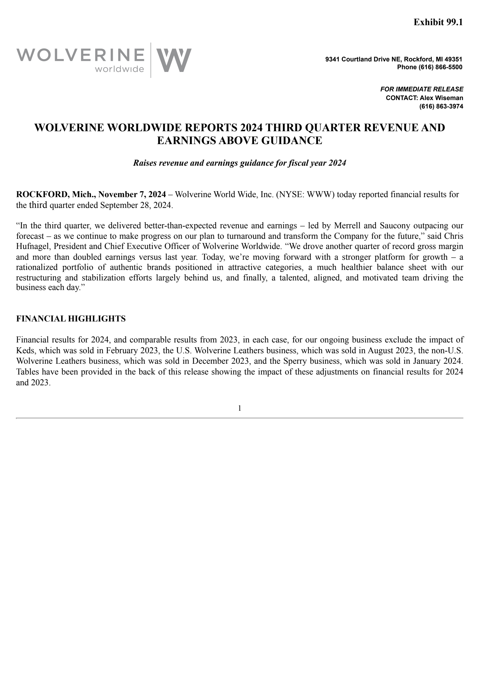 Wolverine World Wide's Q3 2024 Press Release