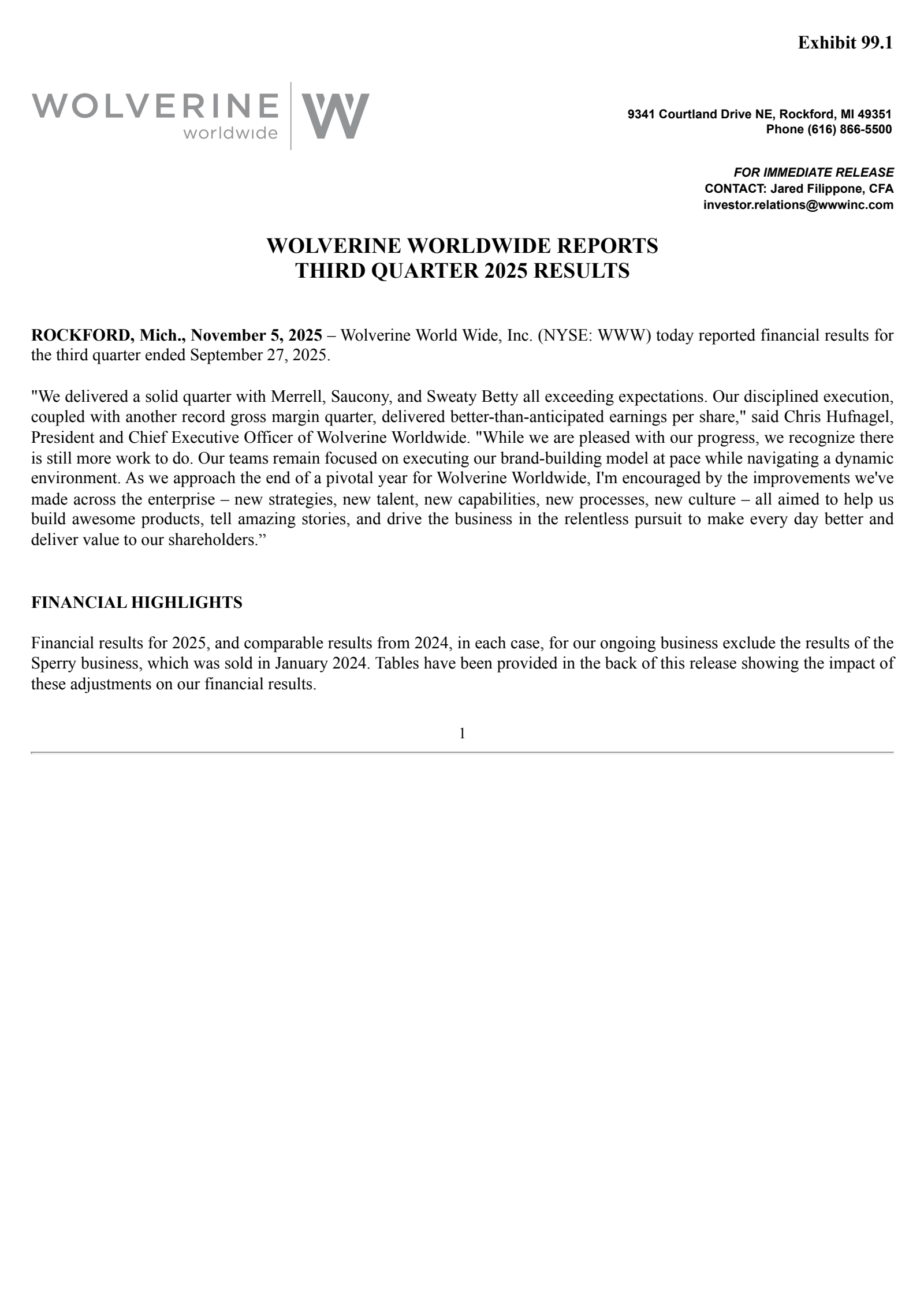 Wolverine World Wide's Q3 2025 Earnings Release