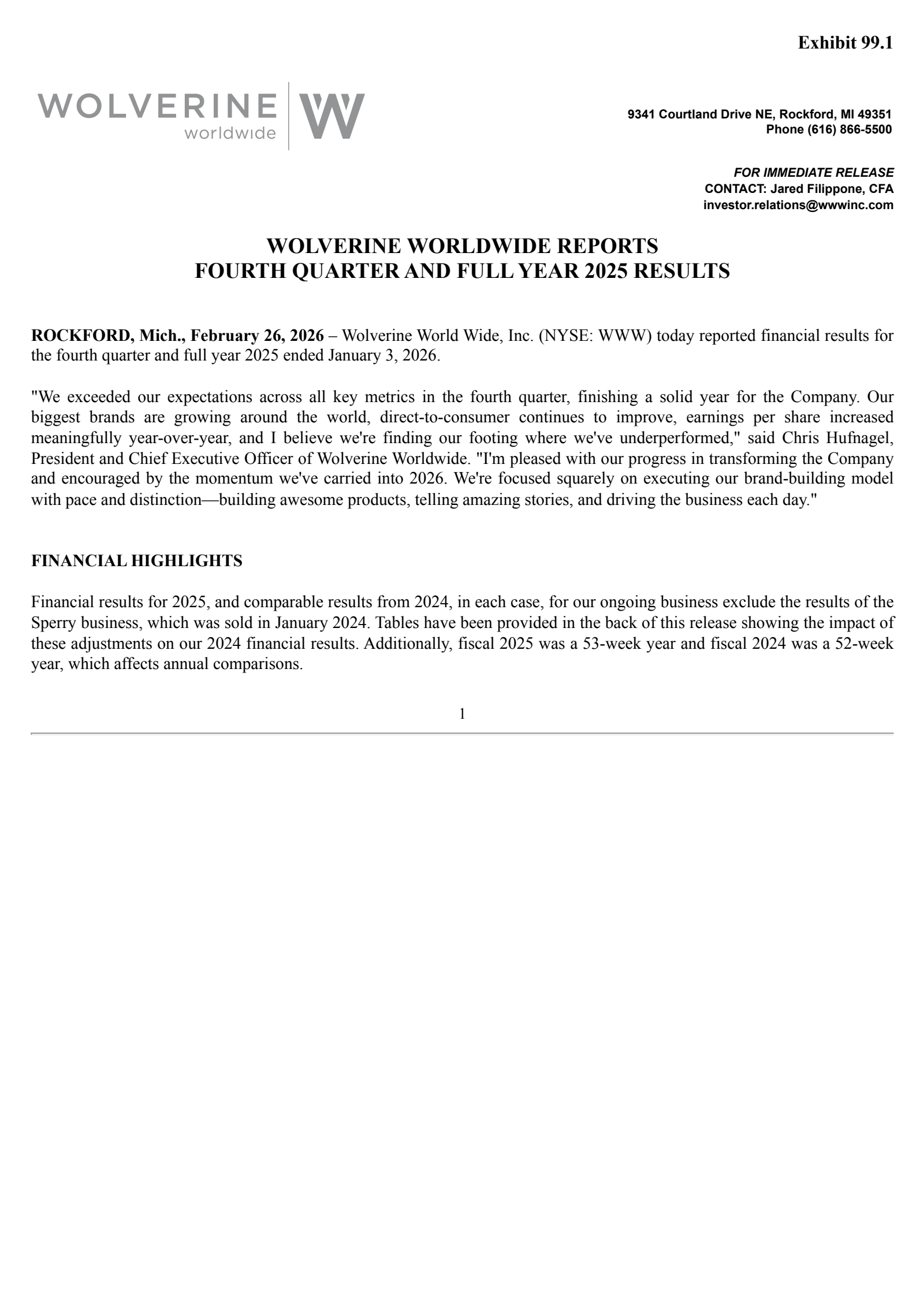 Wolverine World Wide's Q4 2025 Press Release