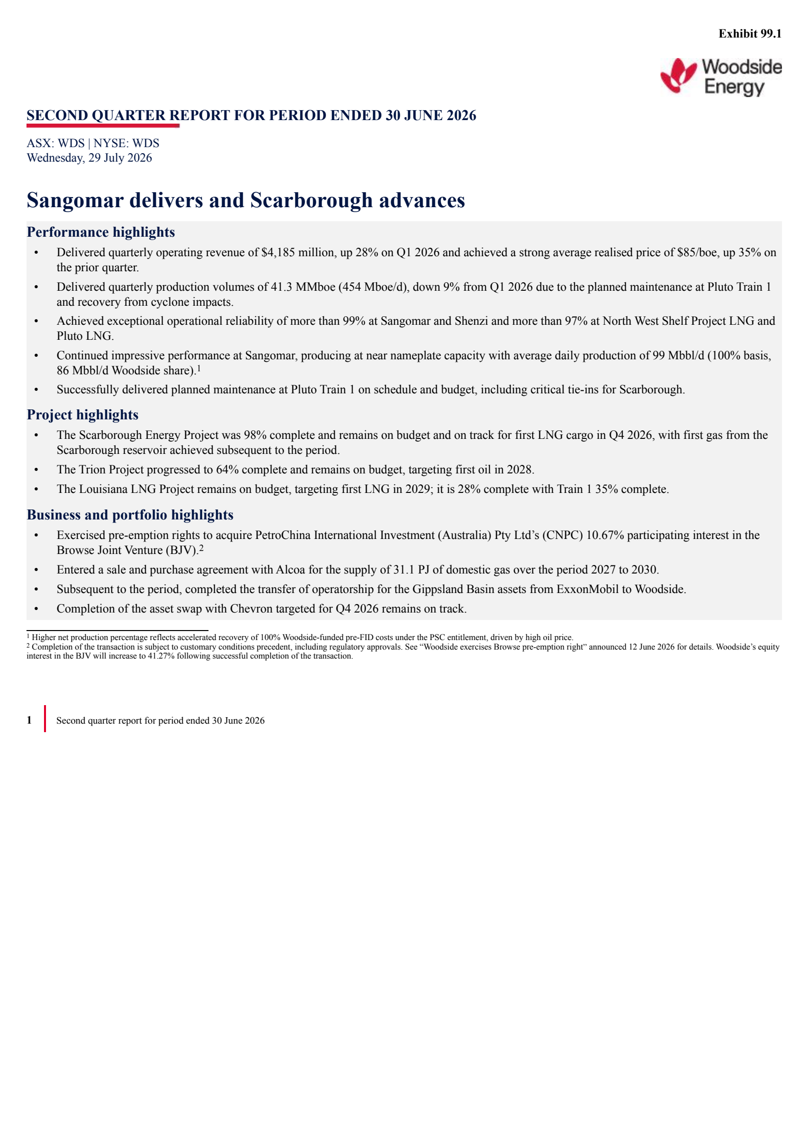 Woodside Energy Group's Q2 2026 Press Release