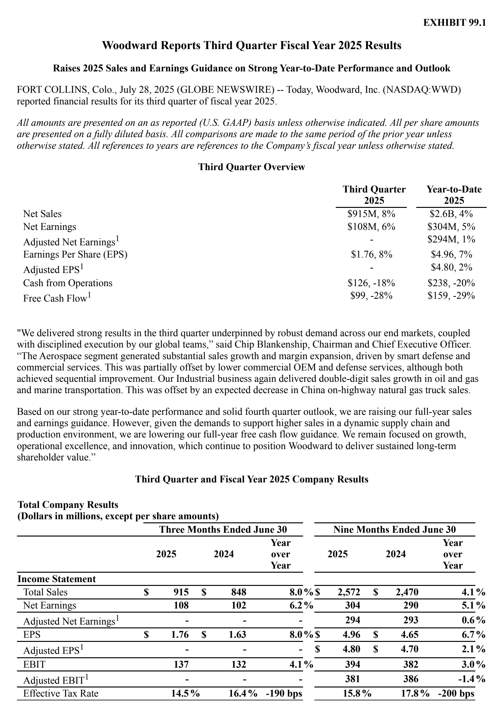 Woodward's Q3 2025 Press Release