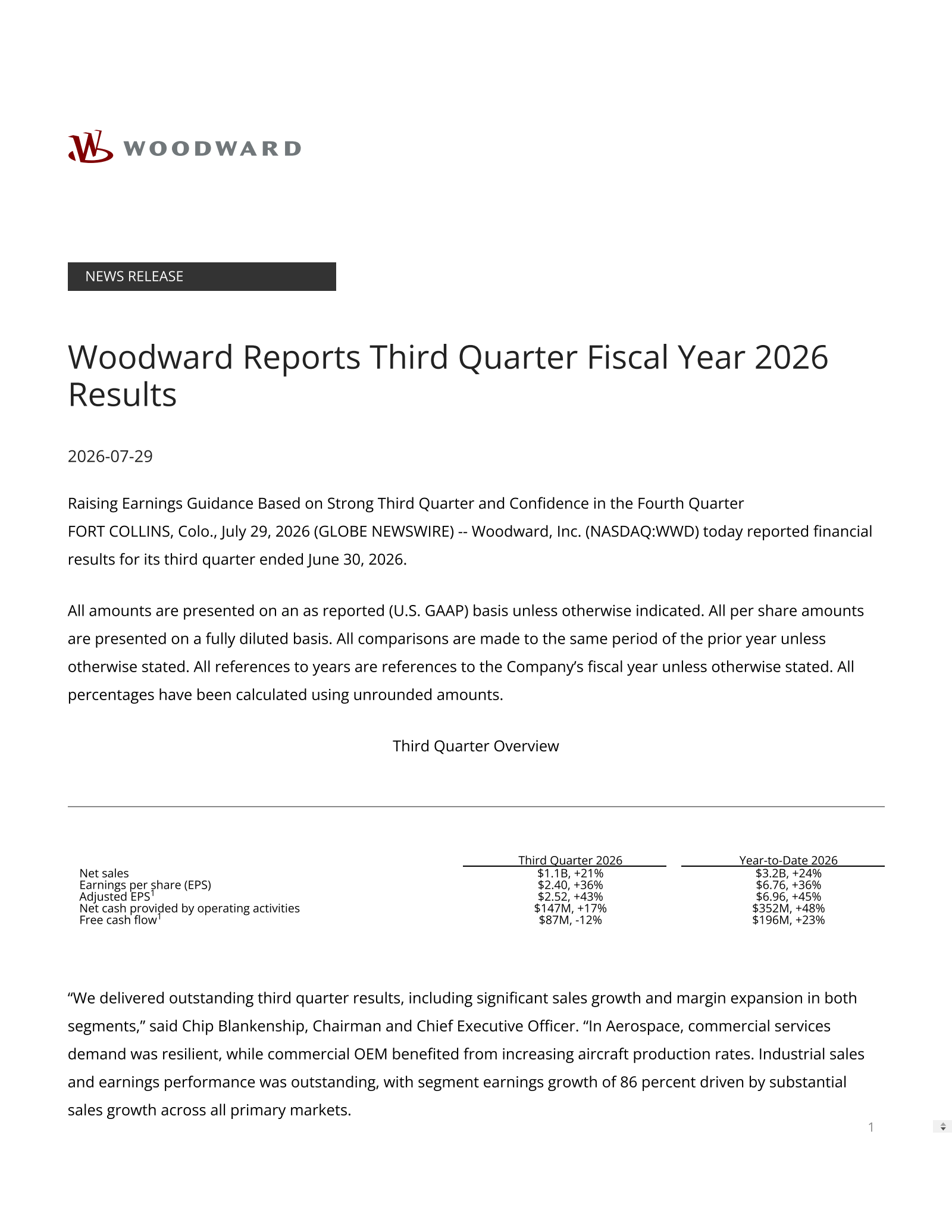 Woodward's Q3 2026 Press Release