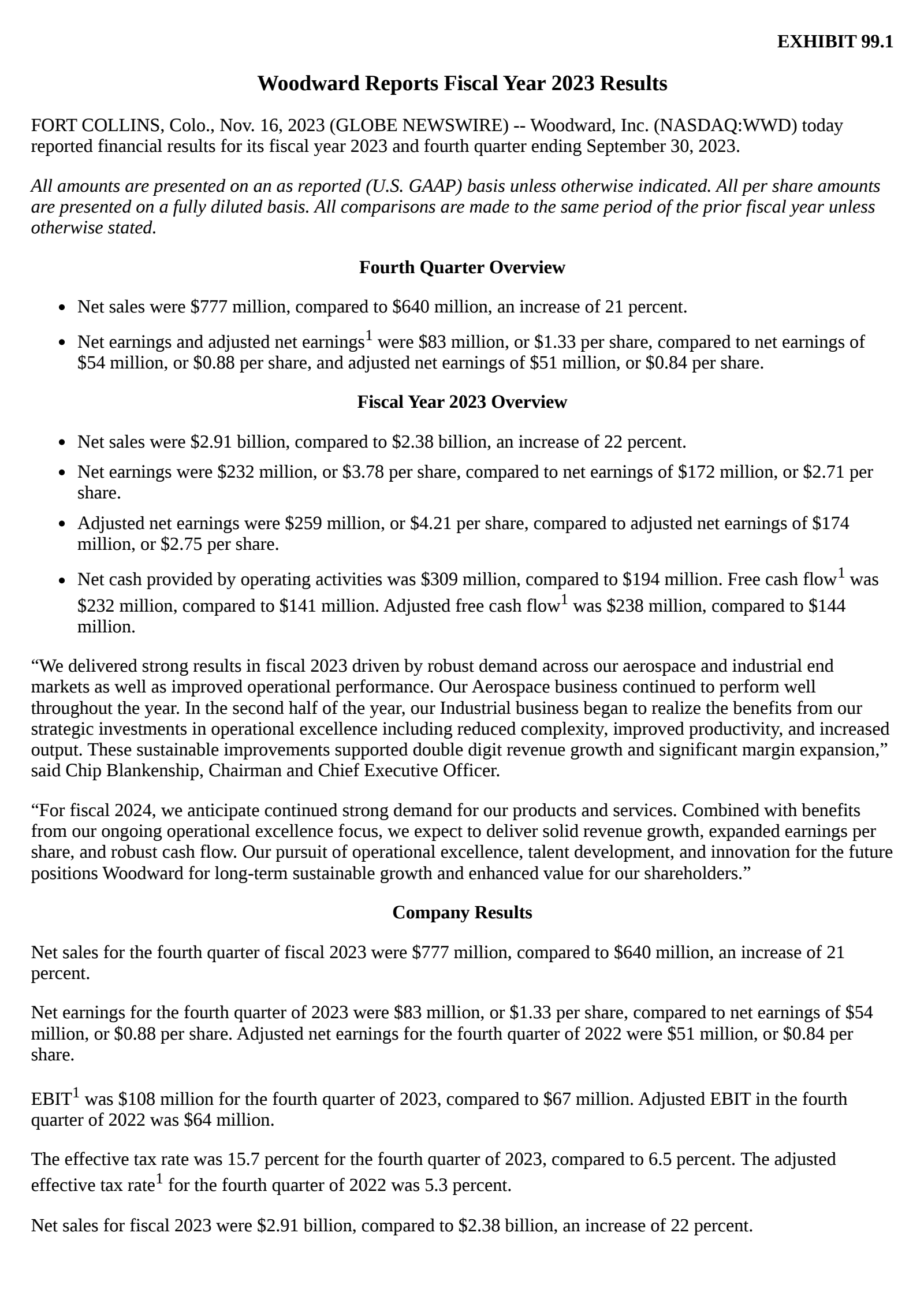 Woodward's Q4 2023 Press Release
