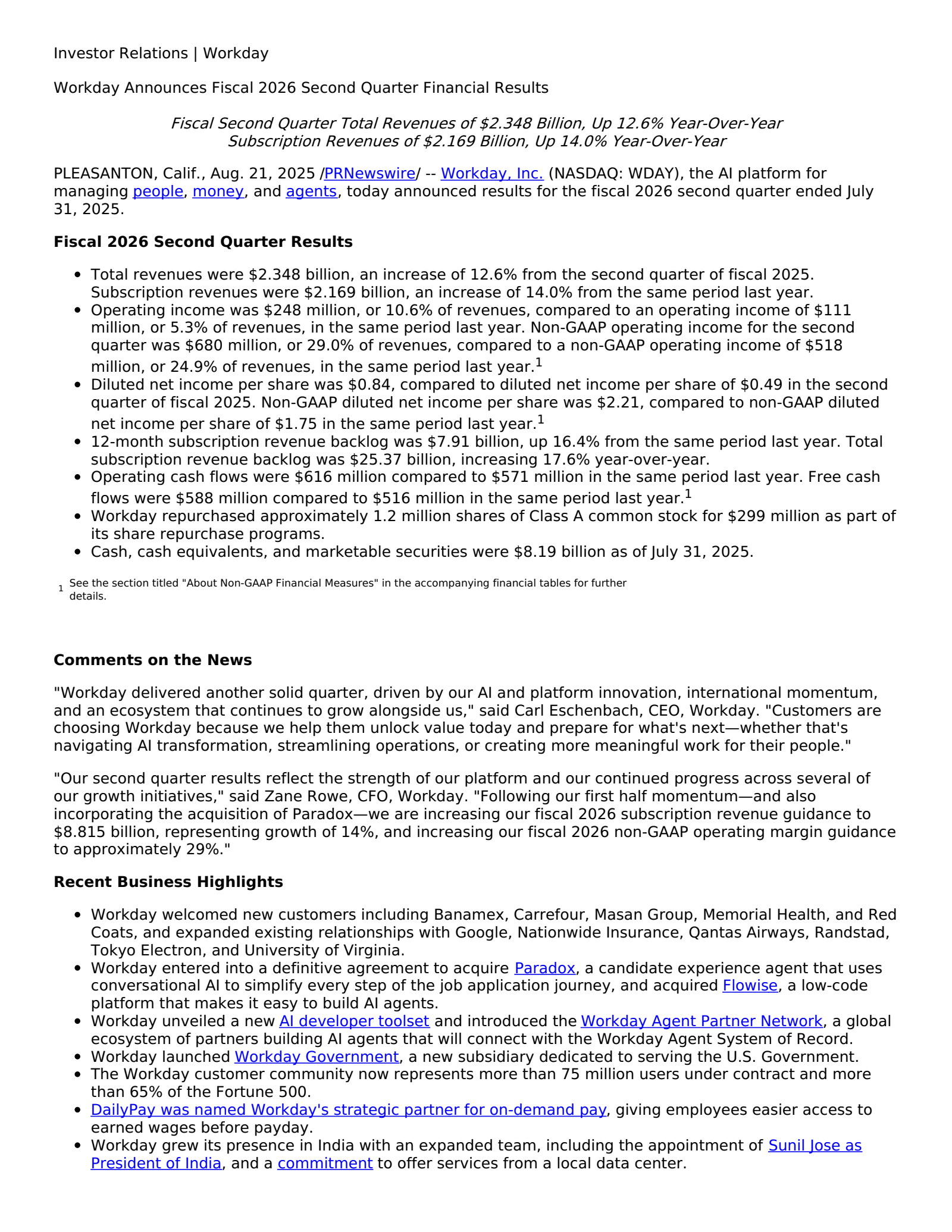 Workday's Q2 2026 Press Release