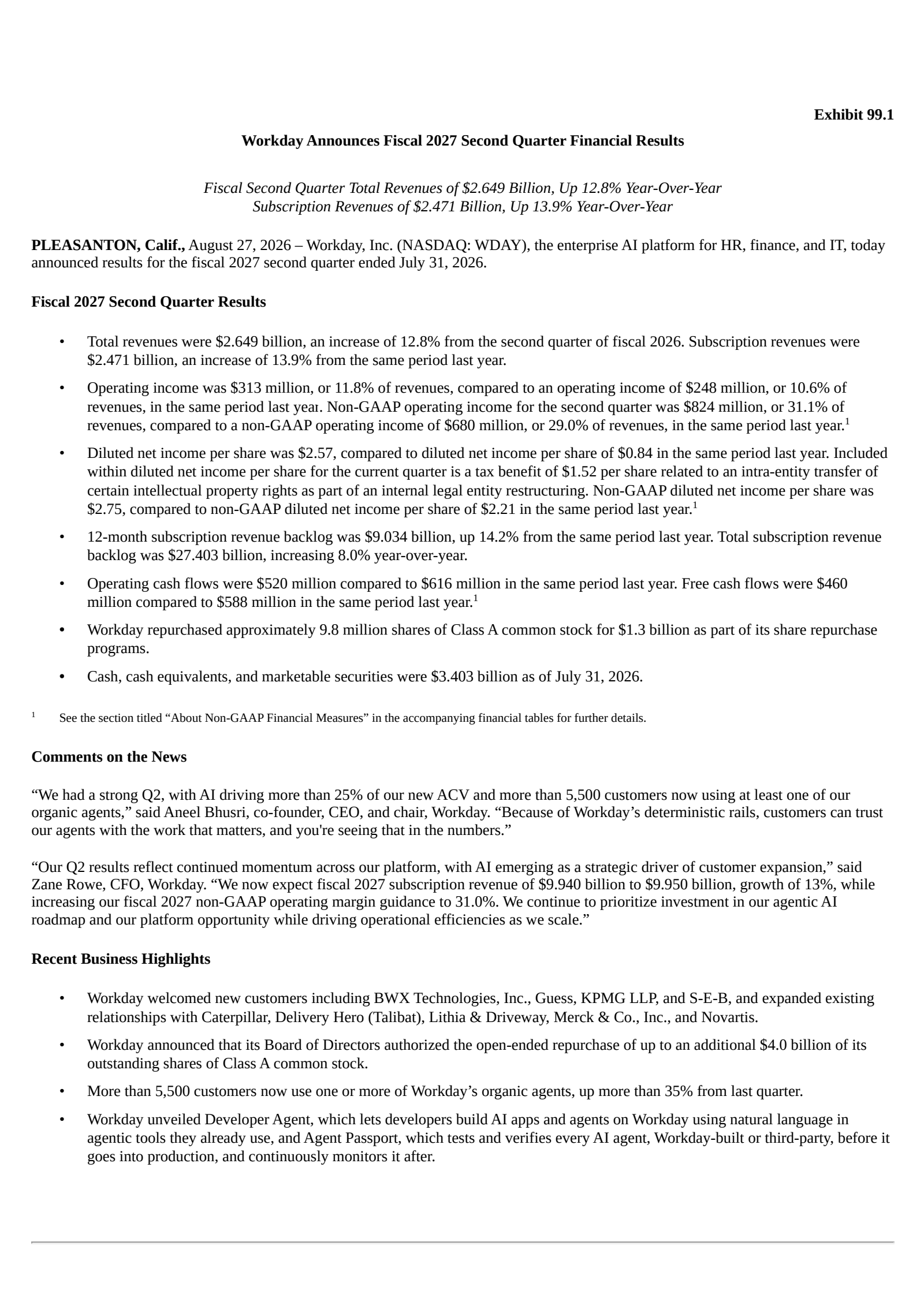 Workday's Q2 2027 Press Release