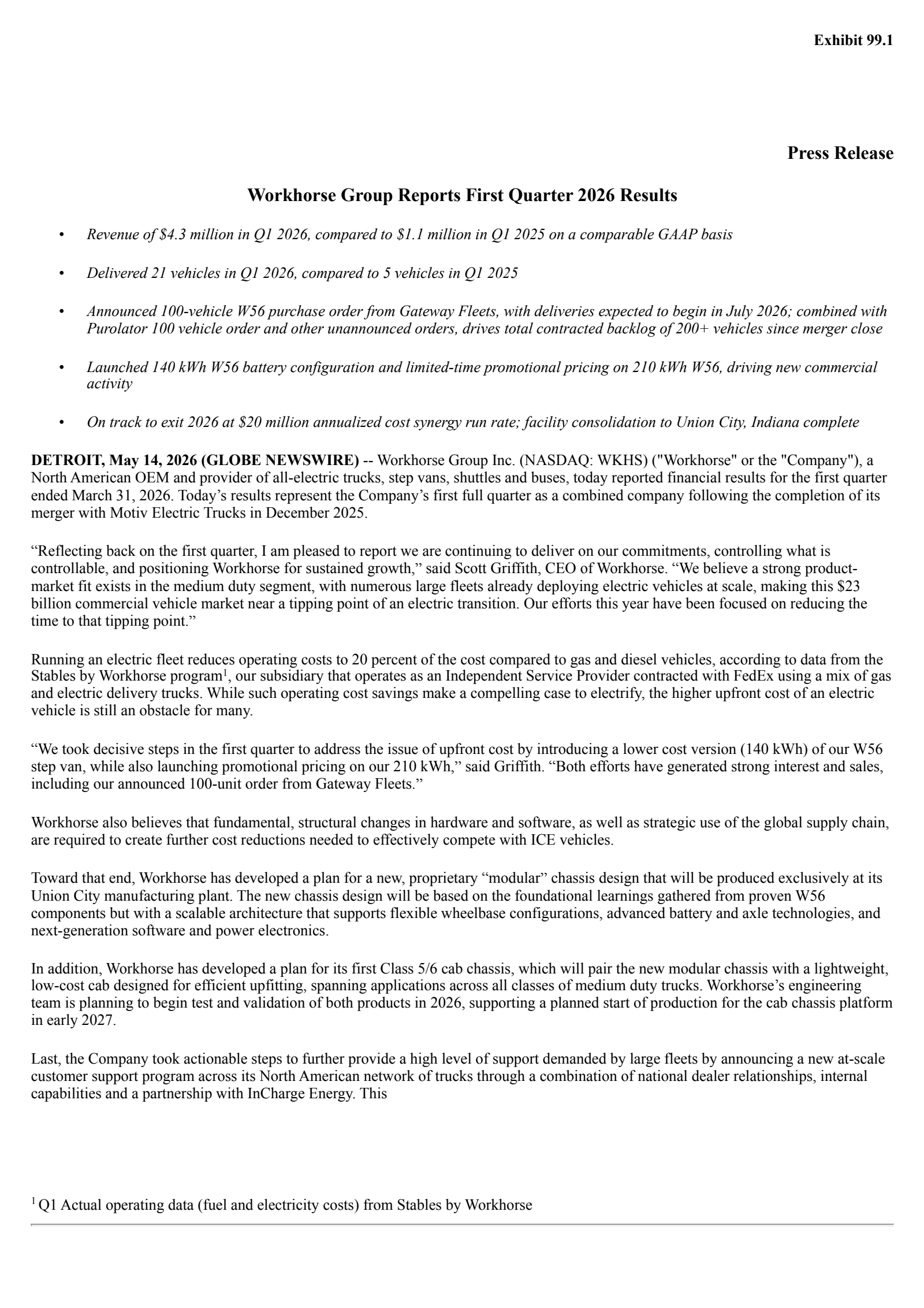 Workhorse Group's Q1 2026 Press Release