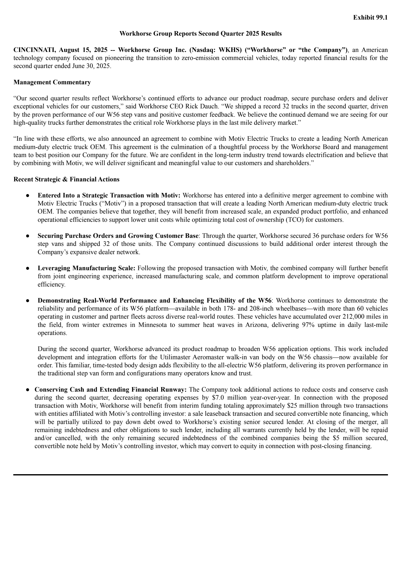 Workhorse Group's Q2 2025 Press Release
