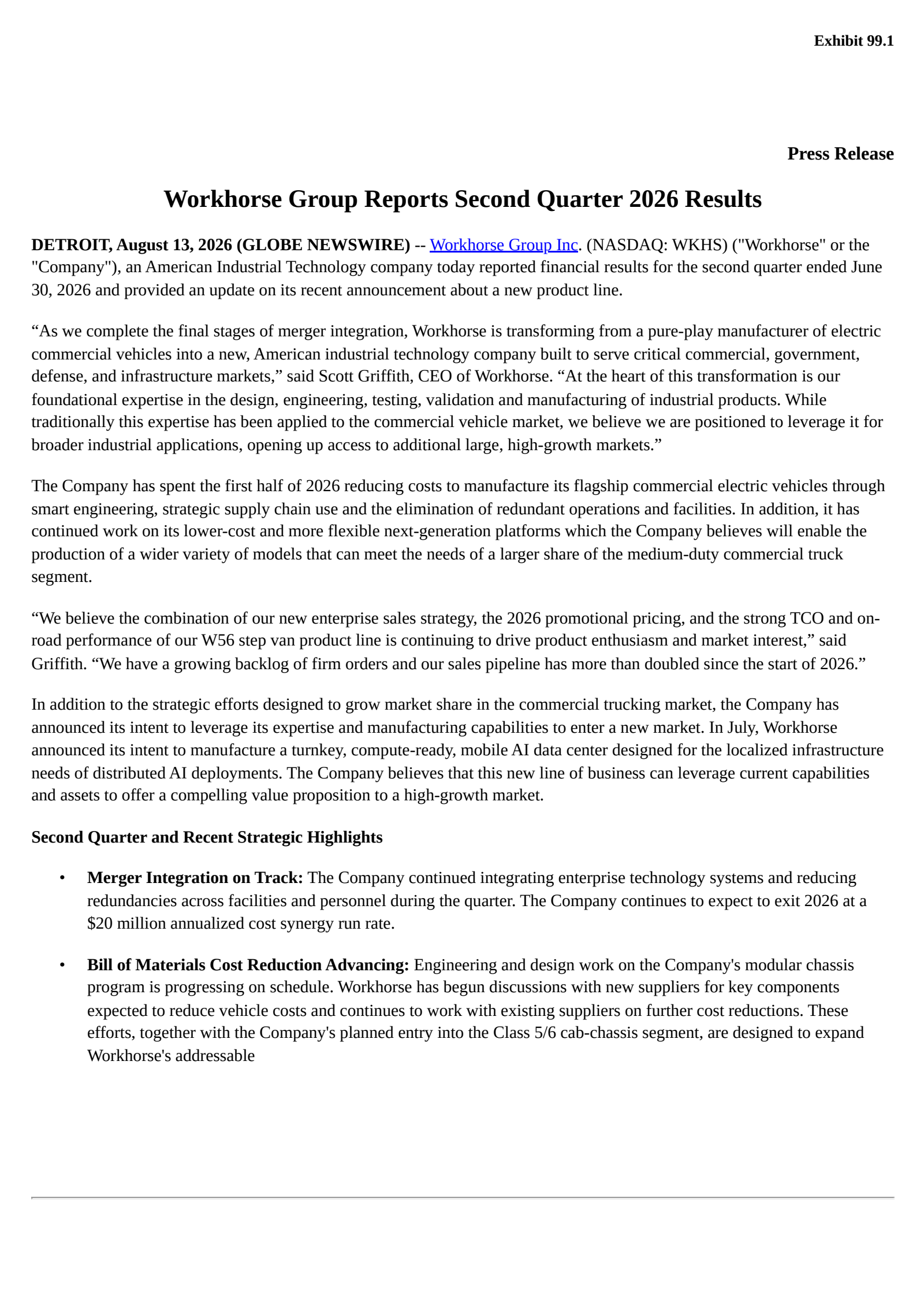 Workhorse Group's Q2 2026 Press Release