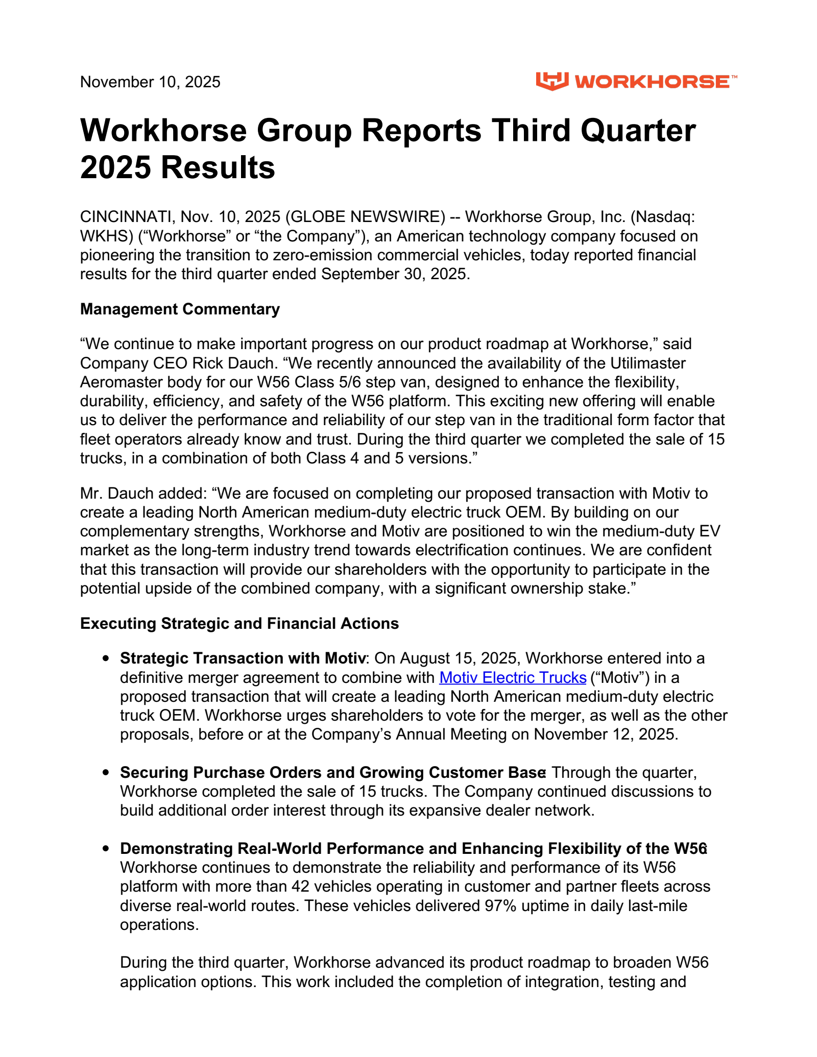 Workhorse Group's Q3 2025 Earnings Release
