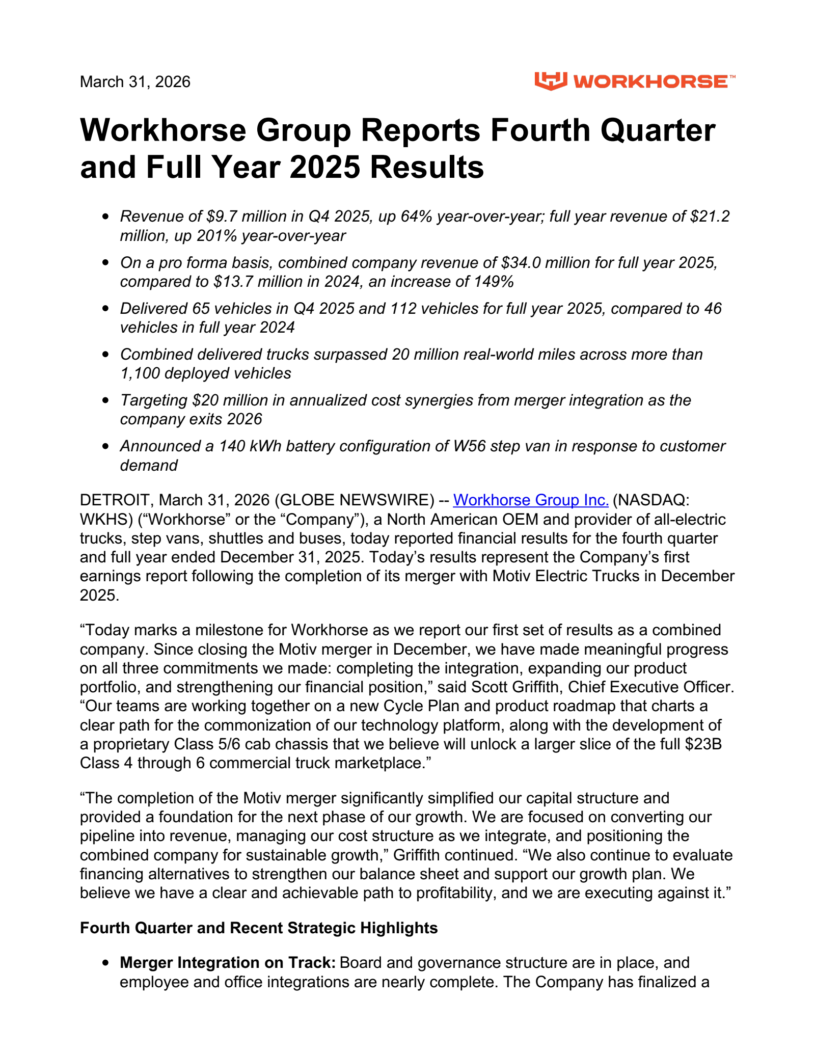 Workhorse Group's Q4 2025 Press Release