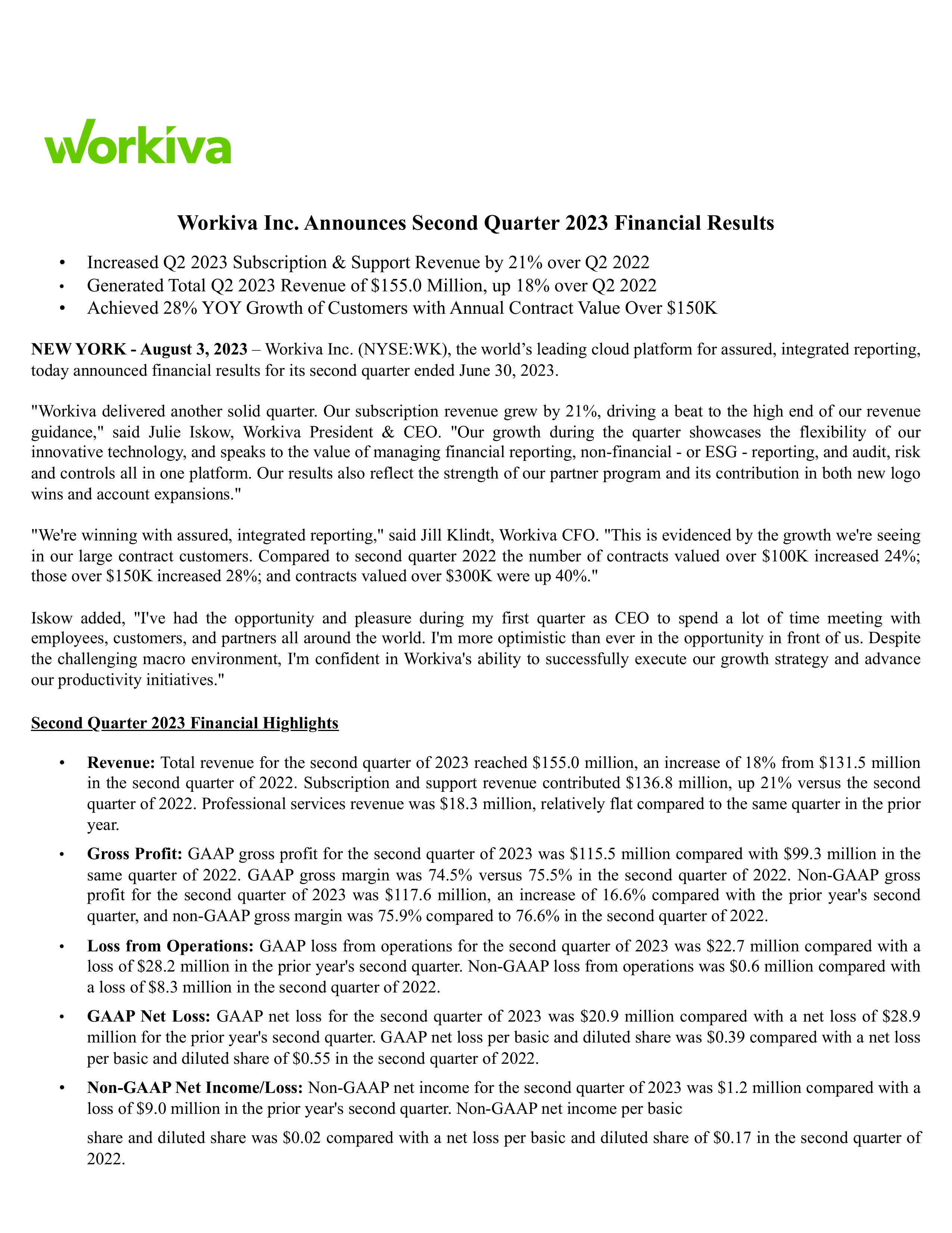 Workiva's Q2 2023 Press Release