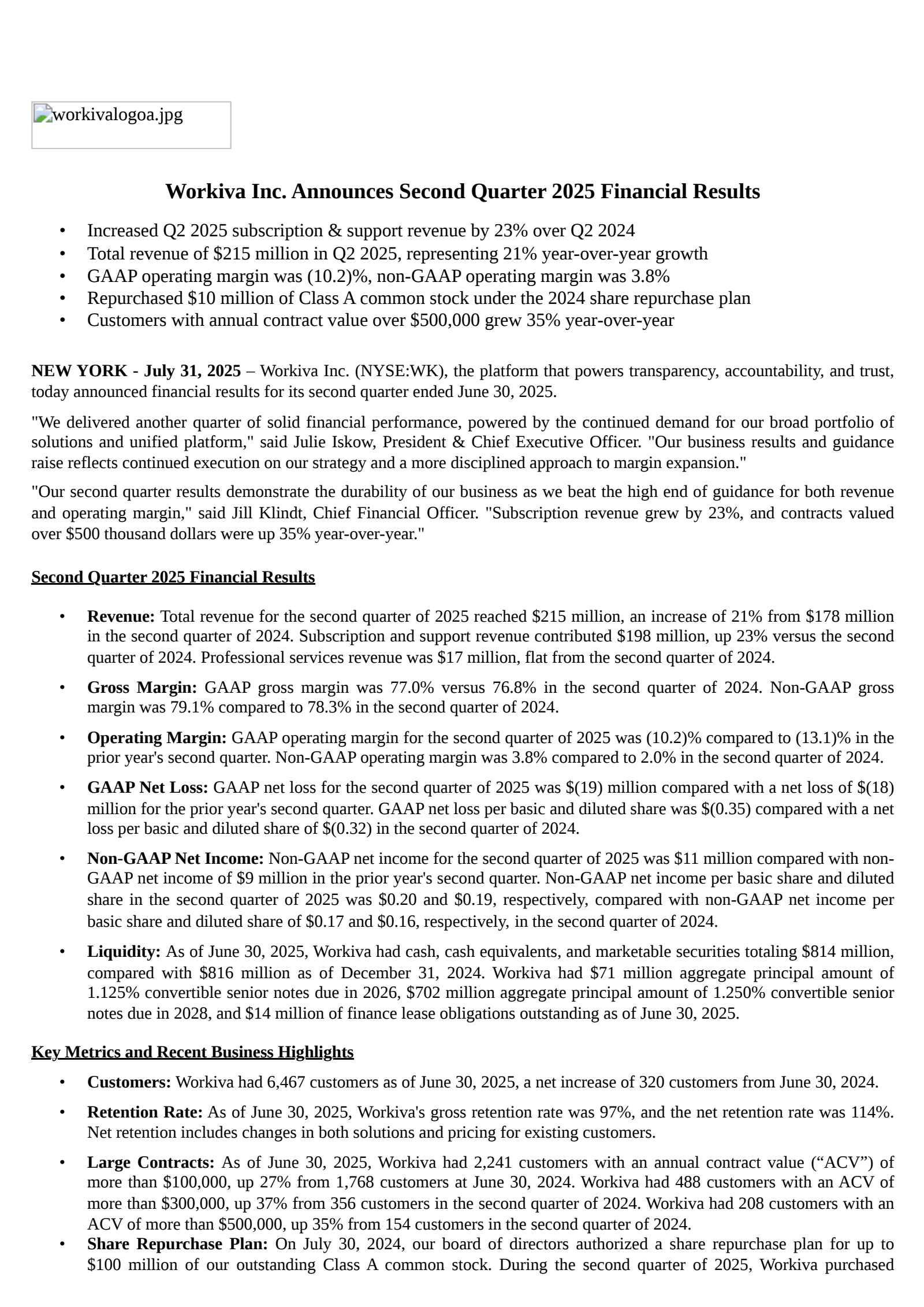 Workiva's Q2 2025 Press Release