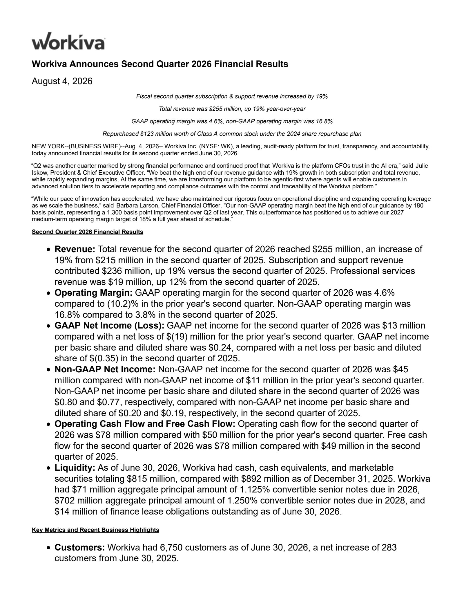 Workiva's Q2 2026 Press Release
