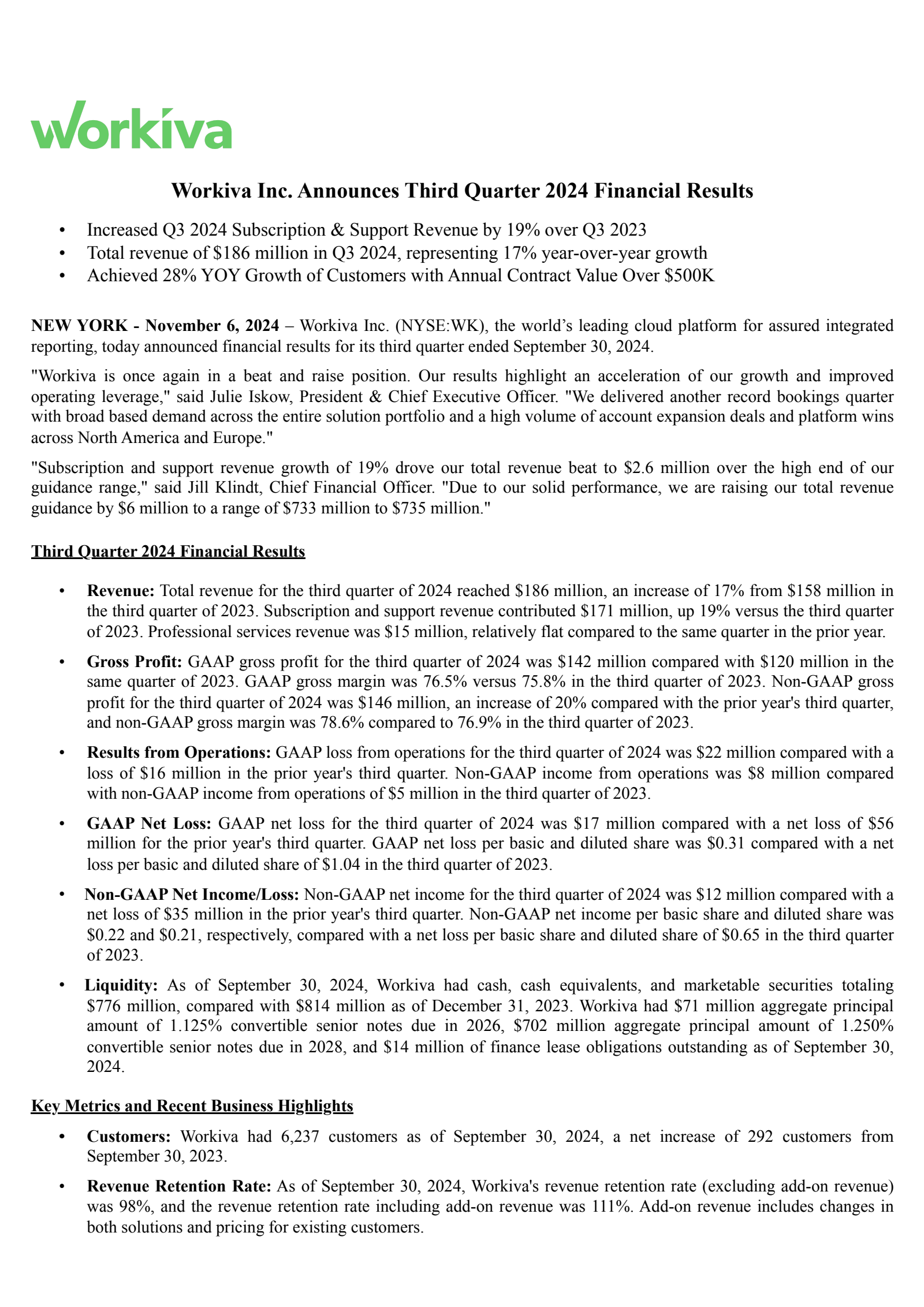 Workiva's Q3 2024 Press Release