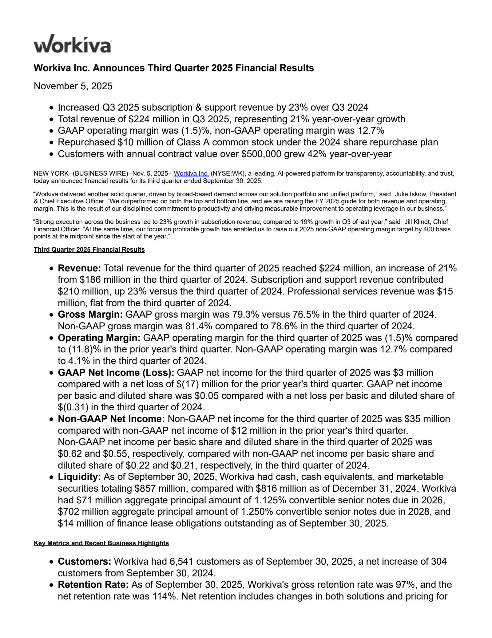 Workiva's Q3 2025 Earnings Release