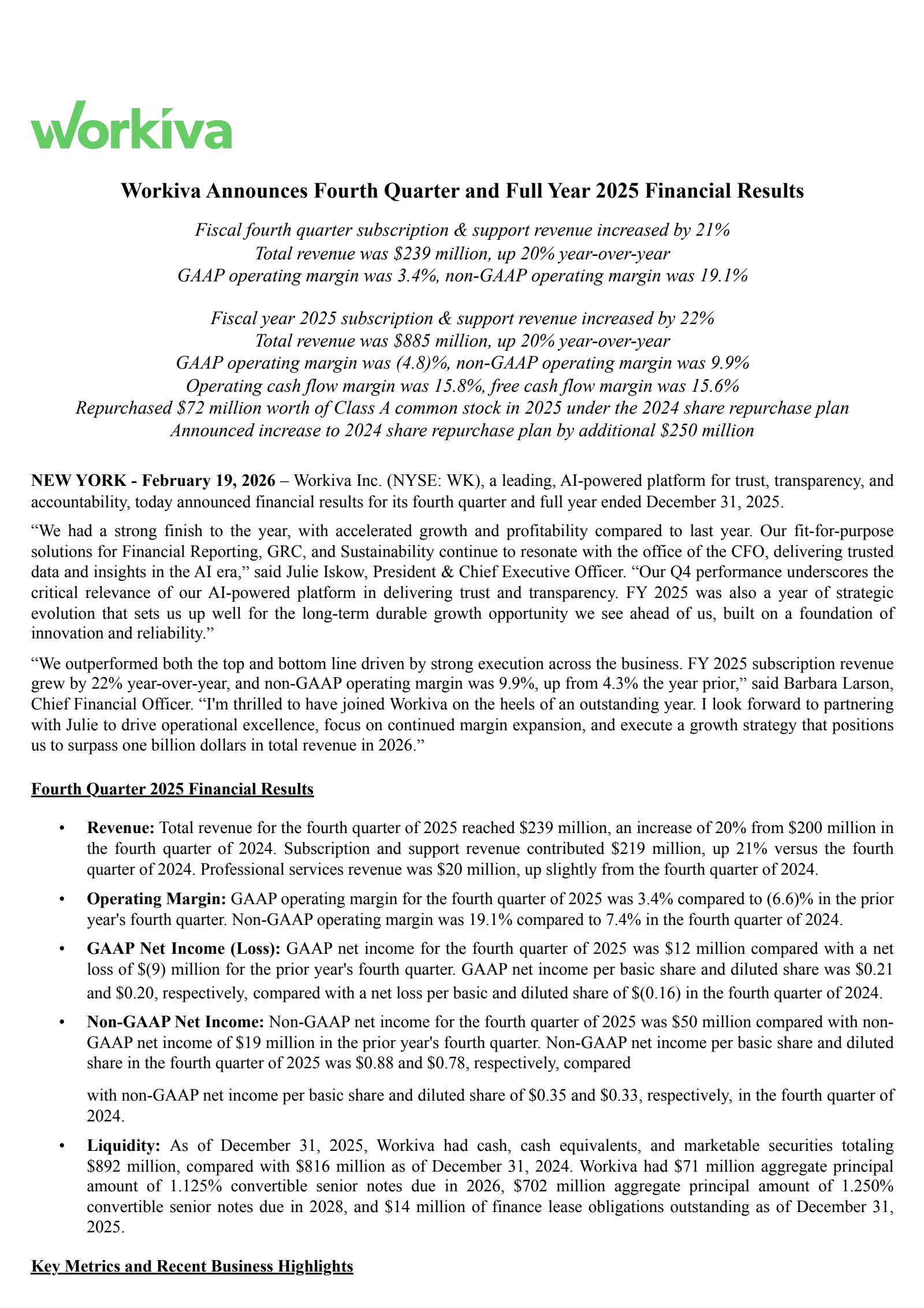 Workiva's Q4 2025 Press Release
