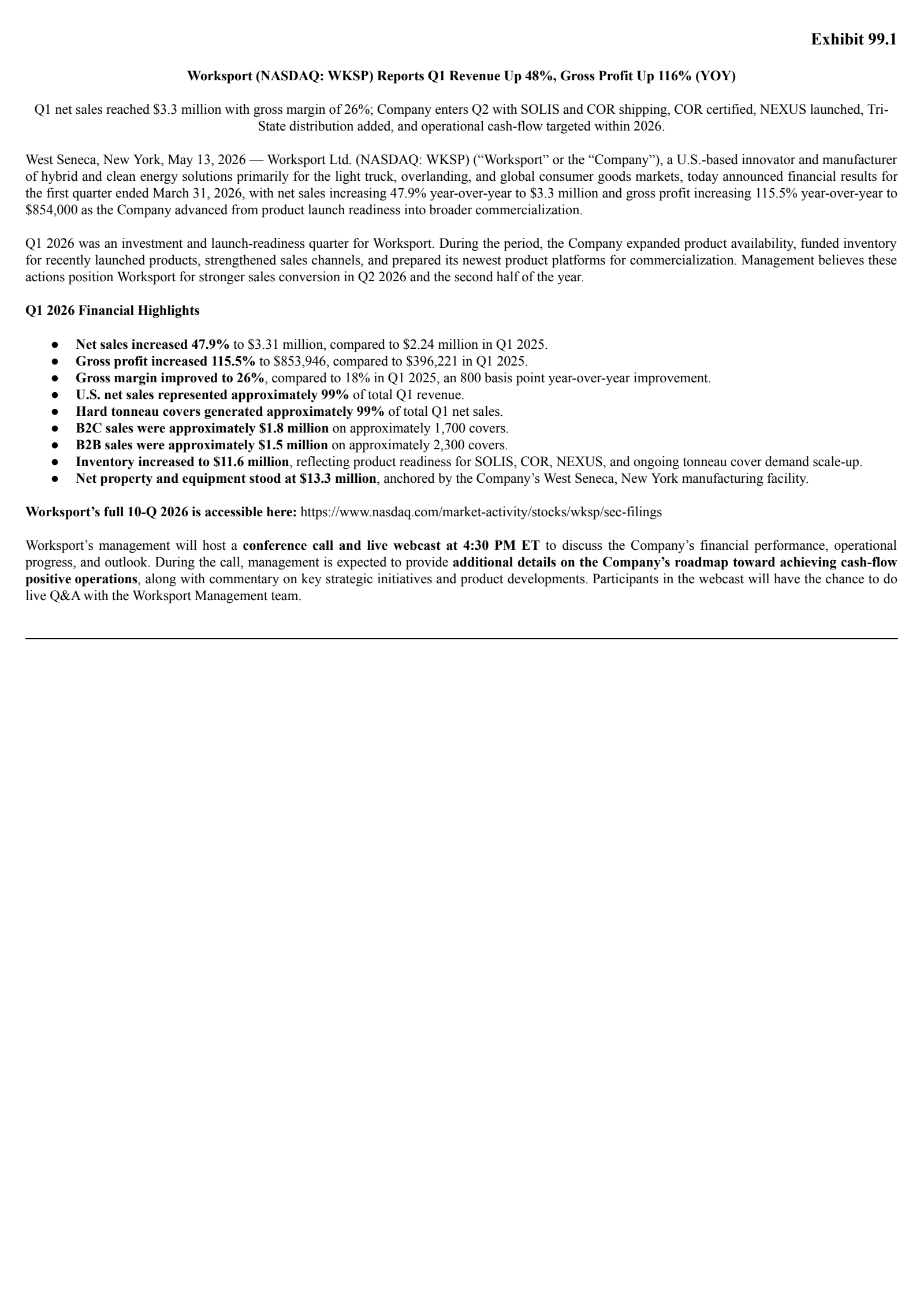 Worksport's Q1 2026 Press Release