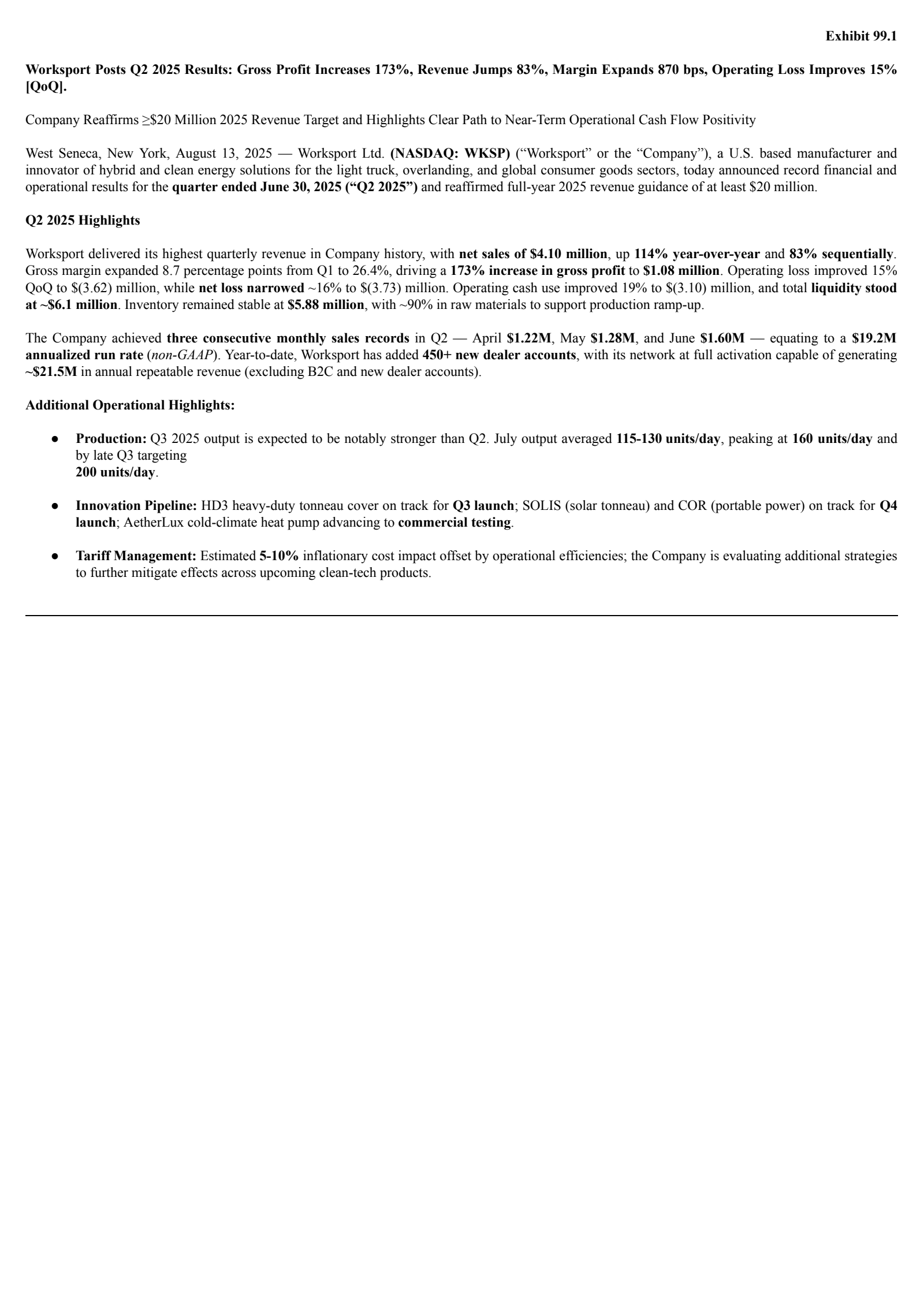 Worksport's Q2 2025 Press Release