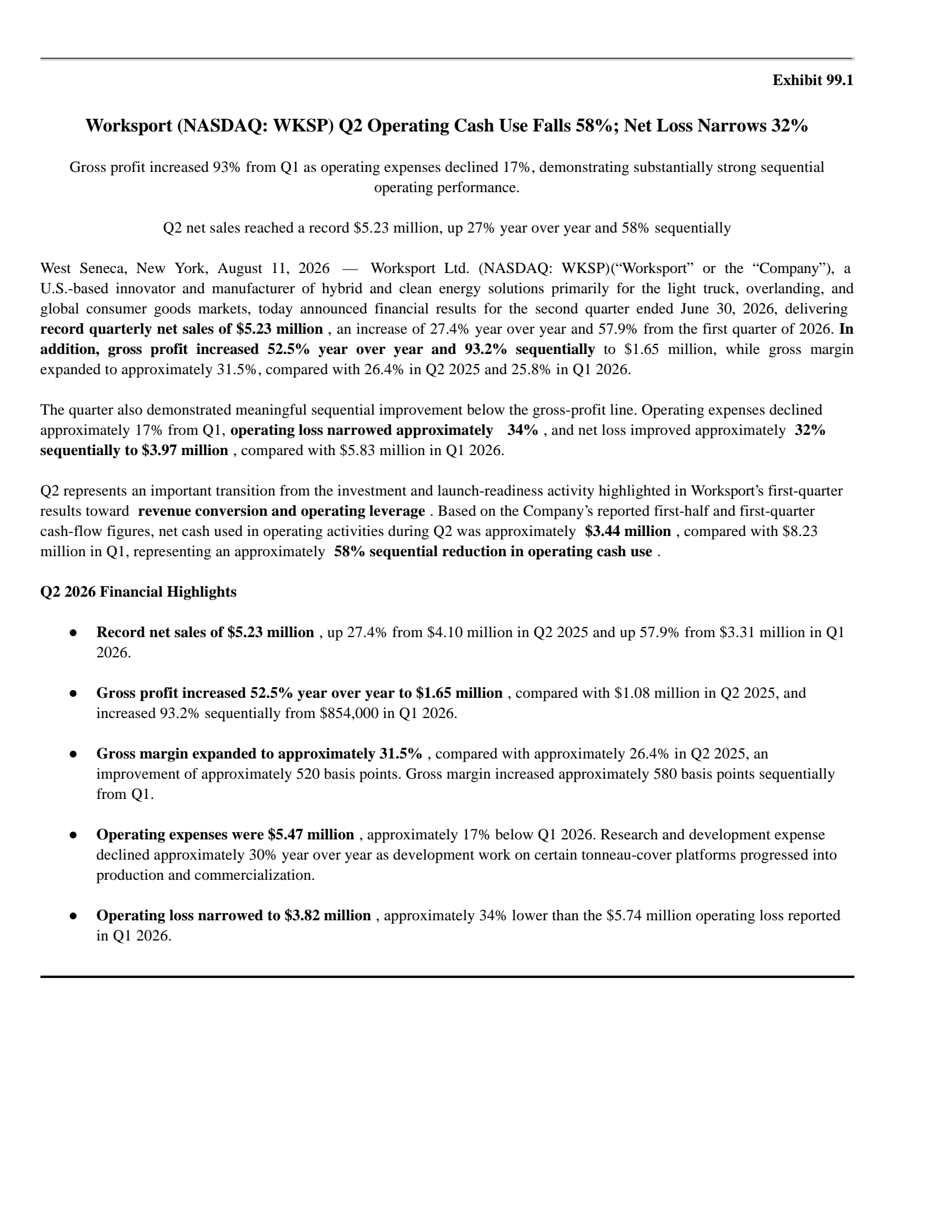 Worksport's Q2 2026 Press Release