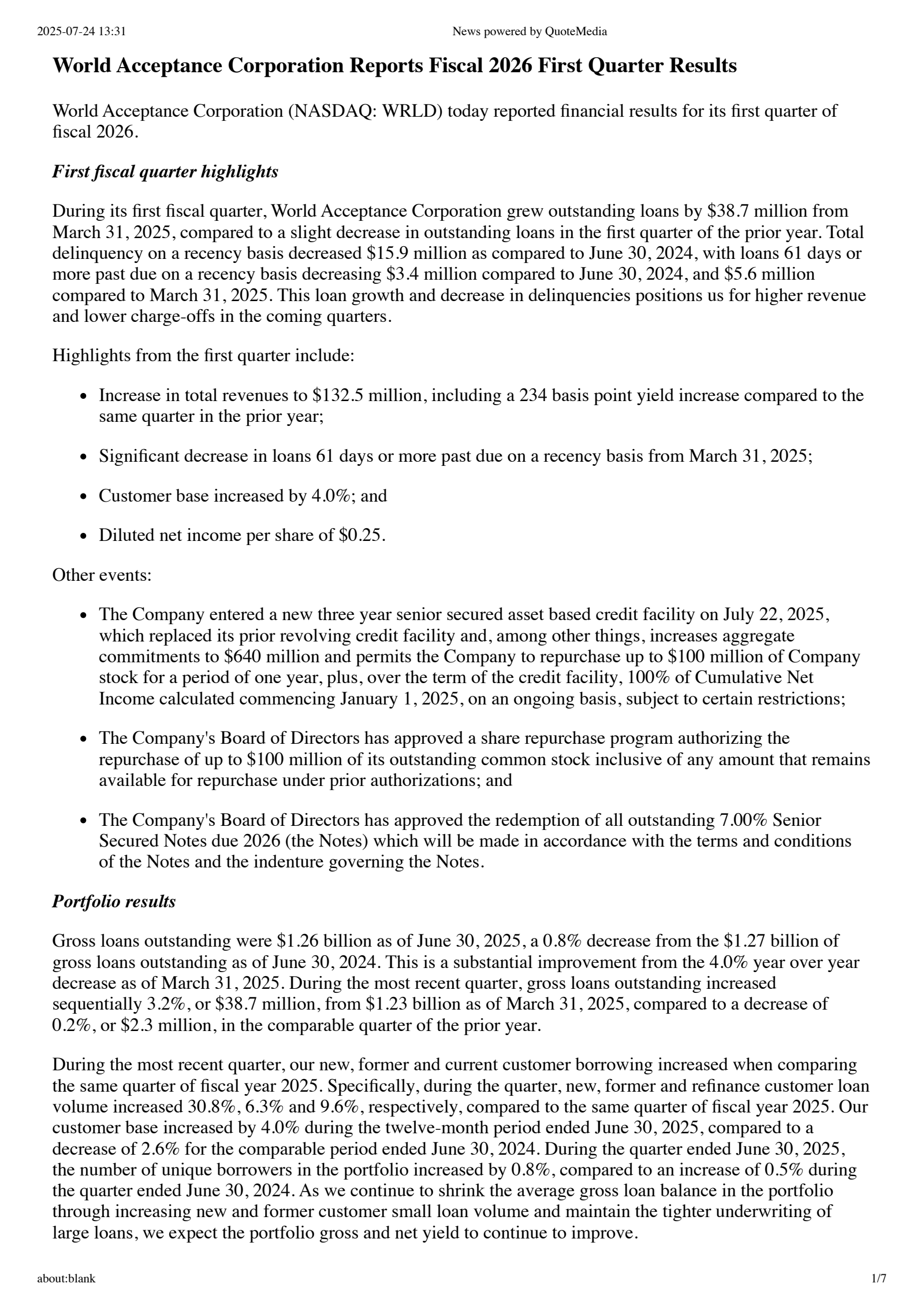 World Acceptance's Q1 2026 Press Release