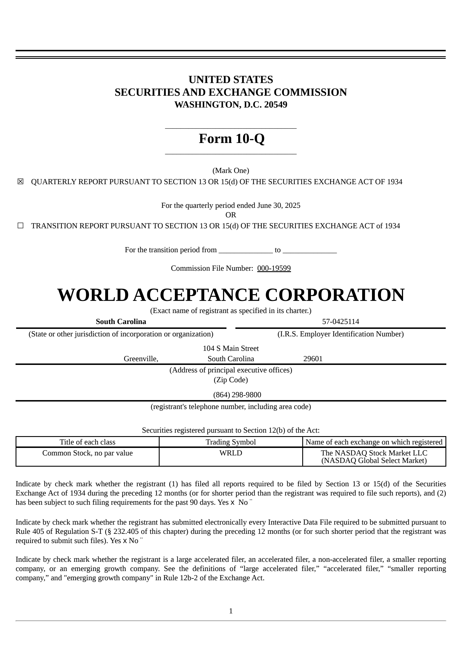 World Acceptance's Q1 2026 Quarterly report