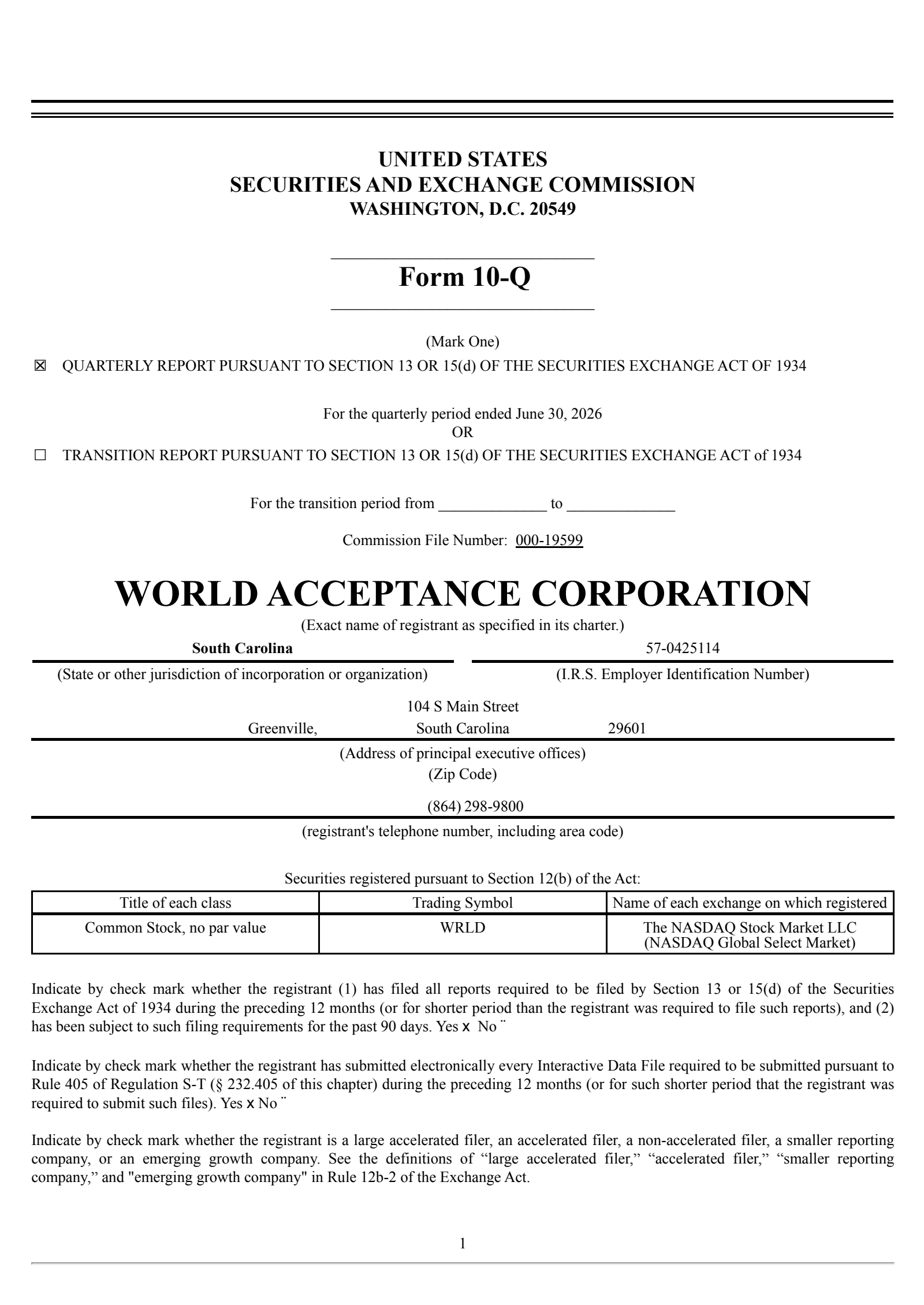 World Acceptance's Q1 2027 Quarterly report