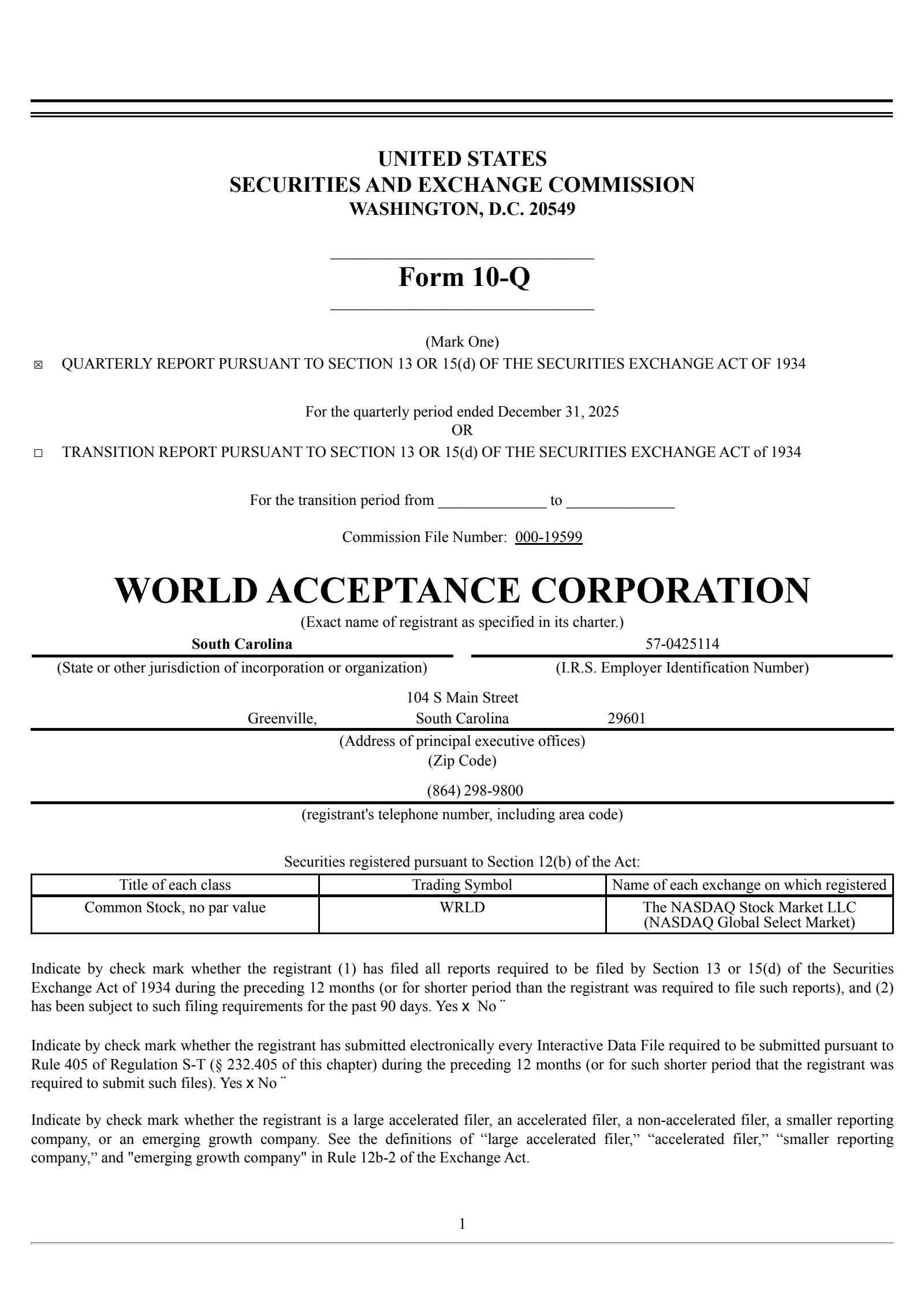 World Acceptance's Q3 2026 Quarterly report