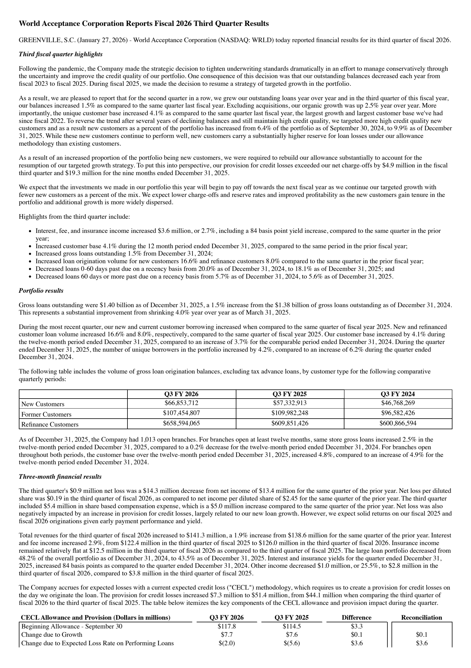World Acceptance's Q3 2026 Press Release