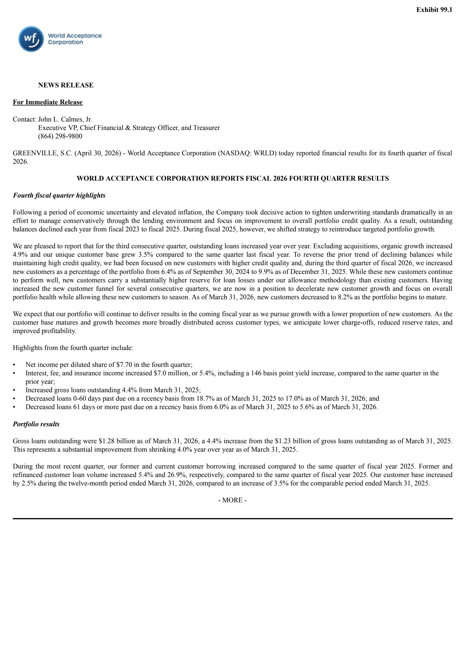 World Acceptance's Q4 2026 Press Release