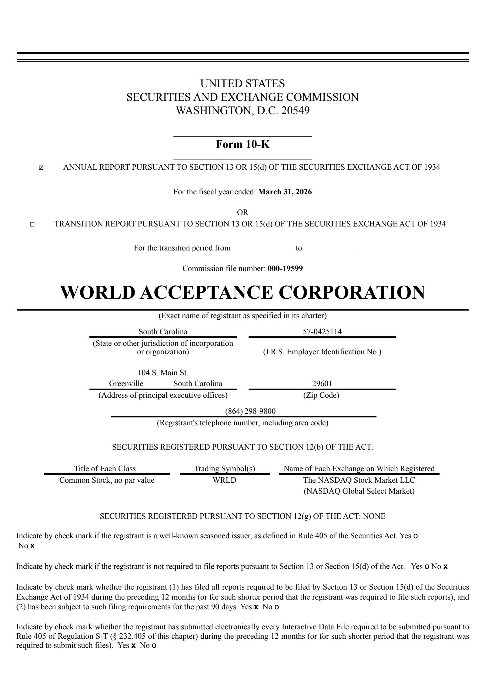 World Acceptance's Q4 2026 Annual report