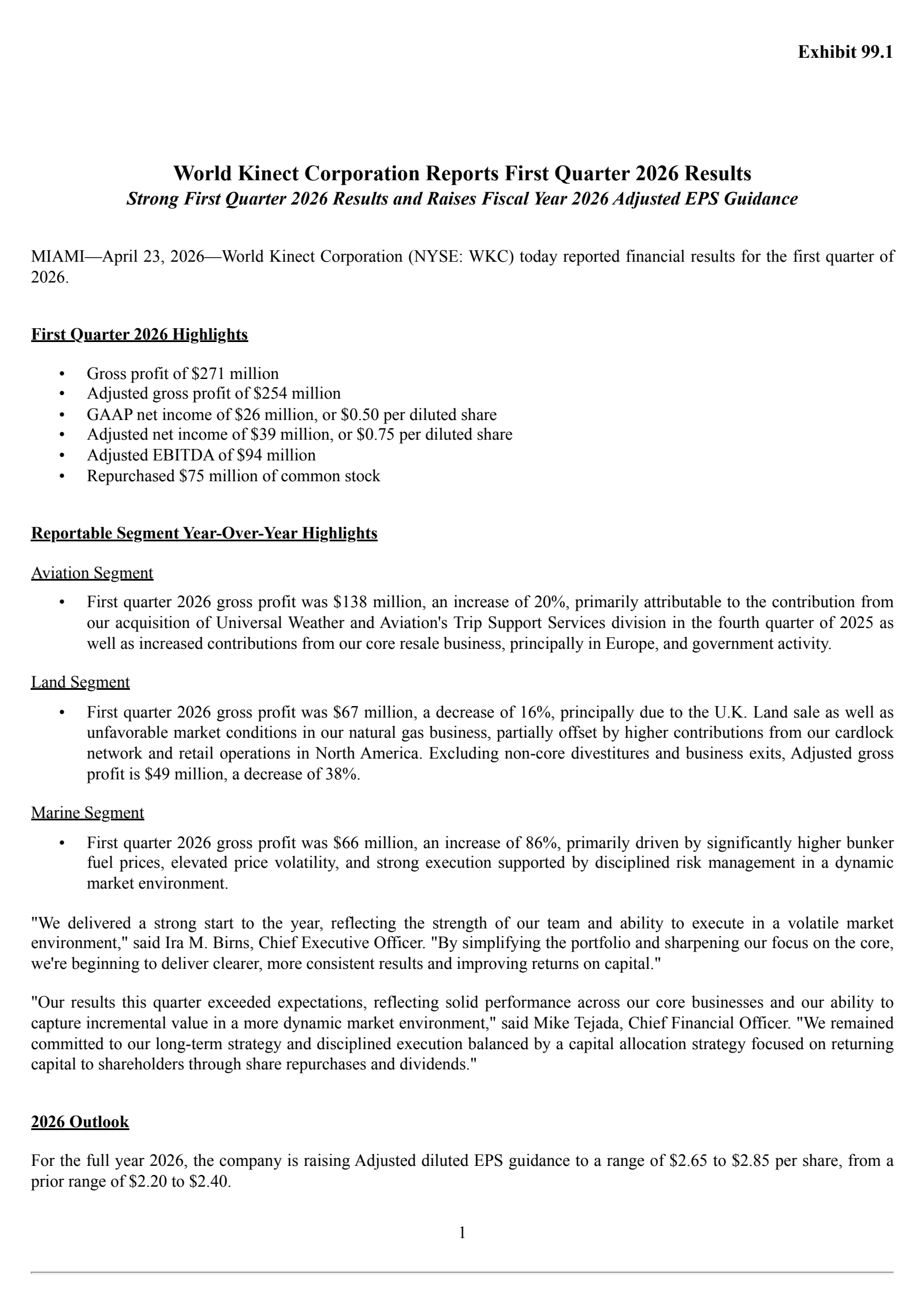 World Kinect's Q1 2026 Press Release