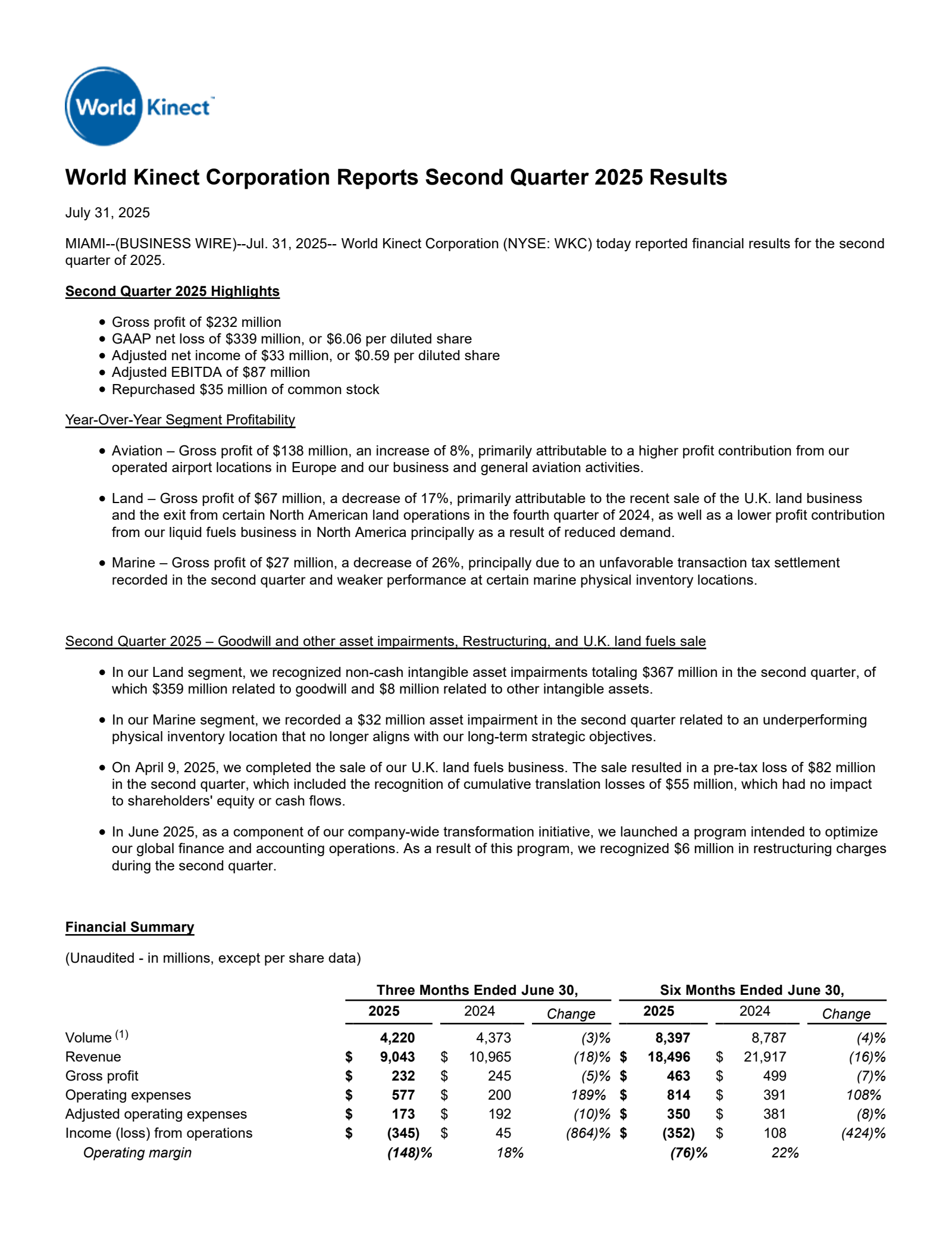 World Kinect's Q2 2025 Press Release