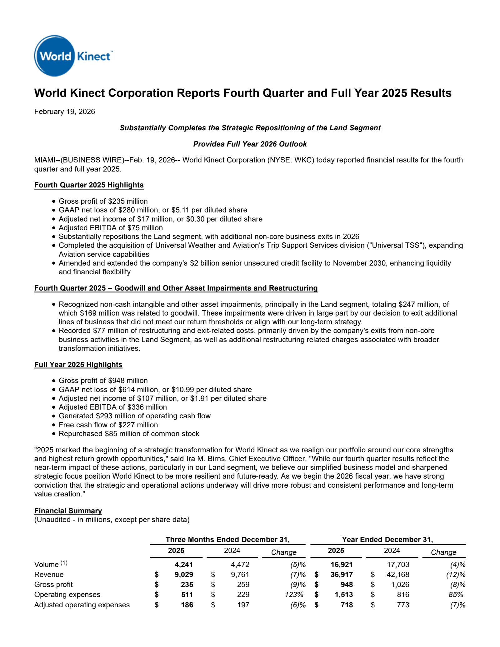 World Kinect's Q4 2025 Press Release