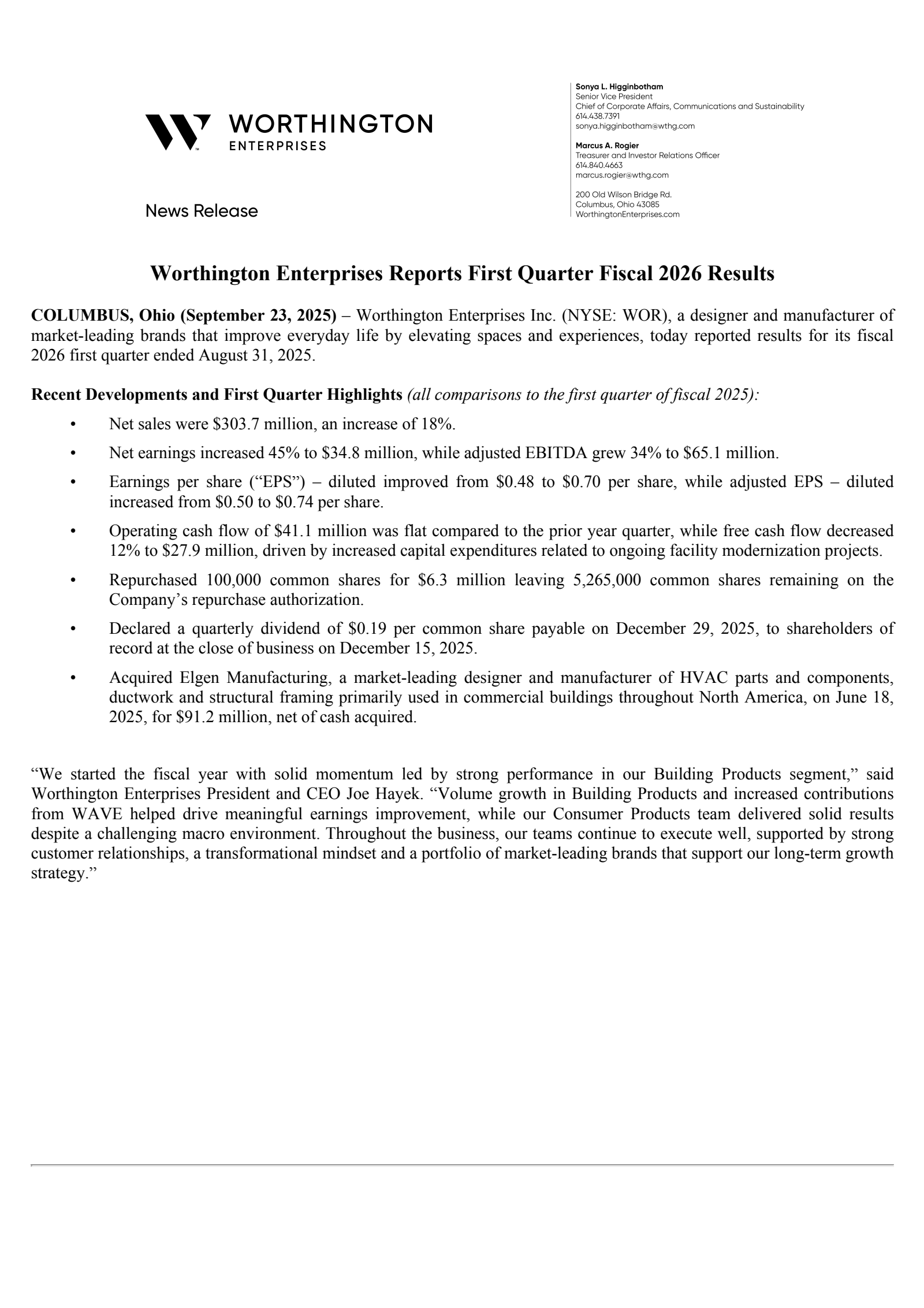 Worthington Enterprises' Q1 2026 Earnings Release